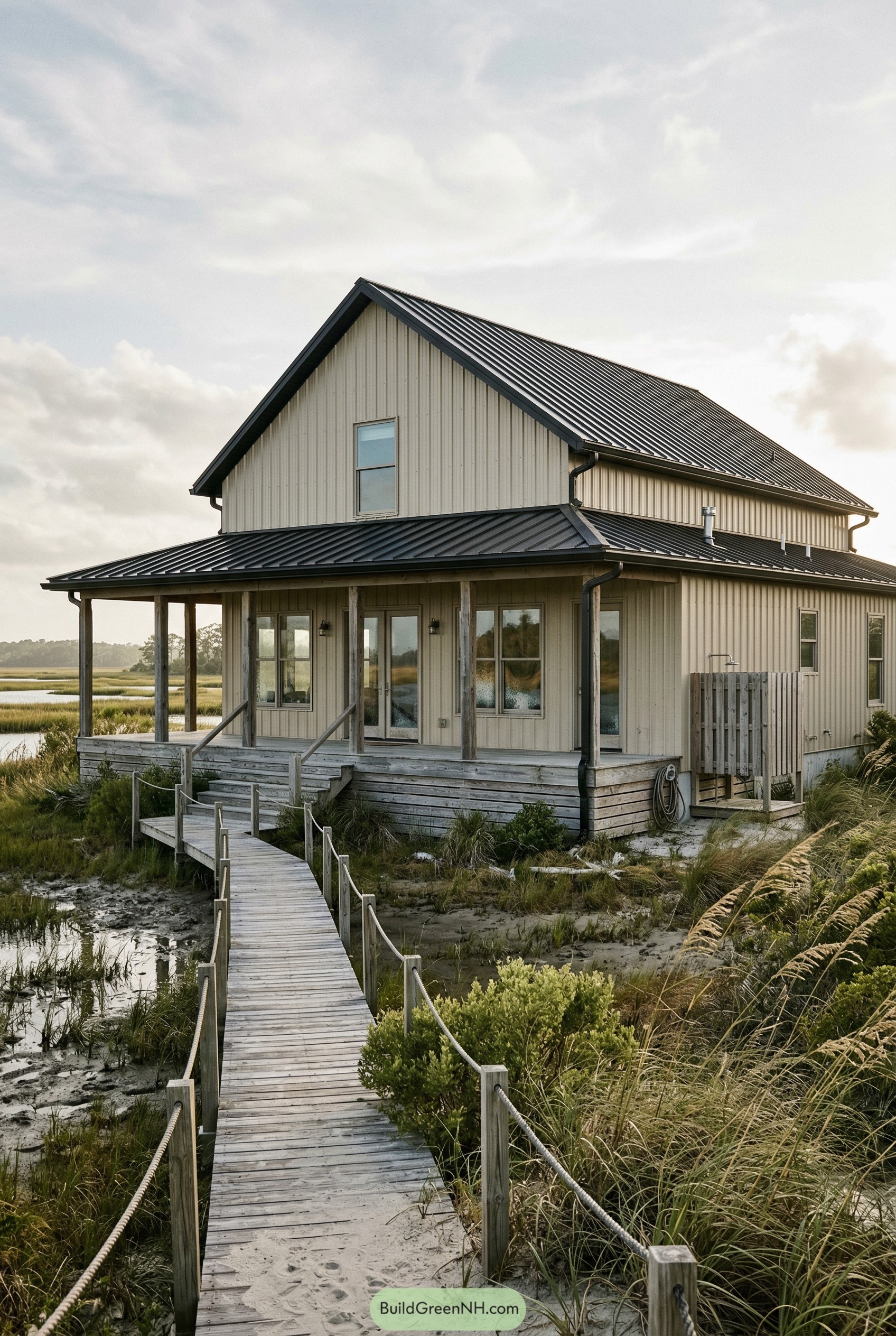 Coastal barndominium with big porch and boardwalk
