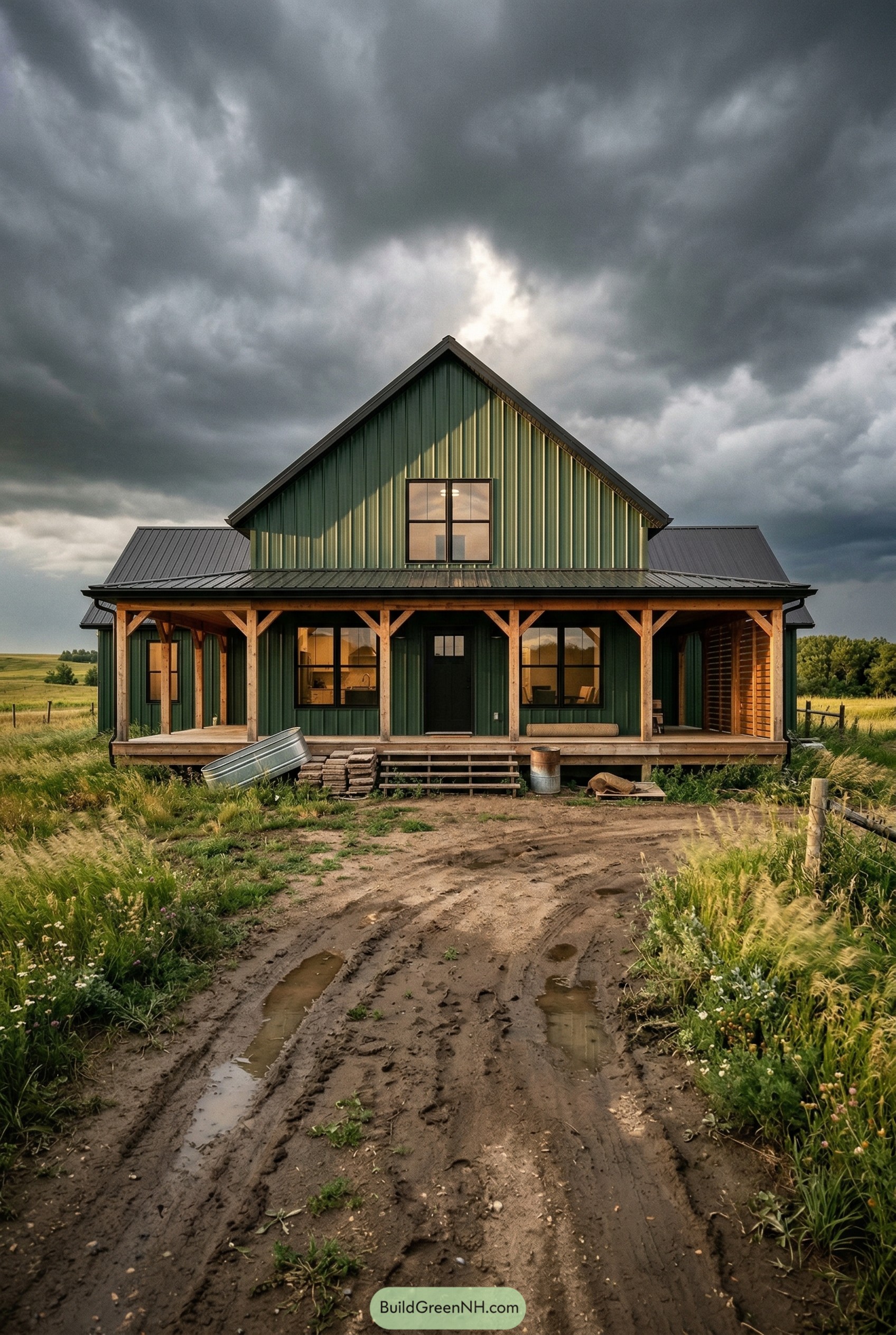 Green barndominium with a wide porch
