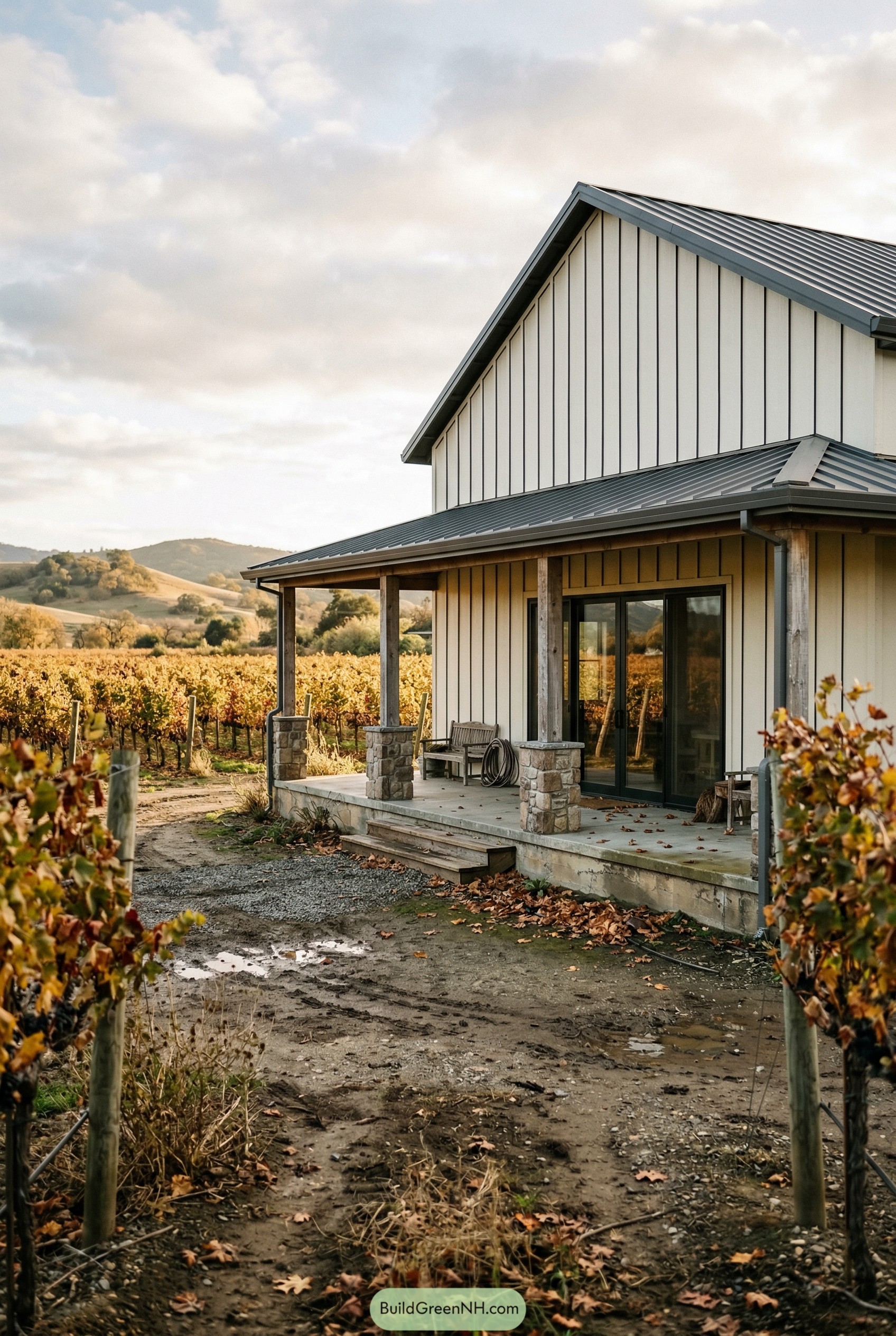 White barndominium with covered porch in a vineyard