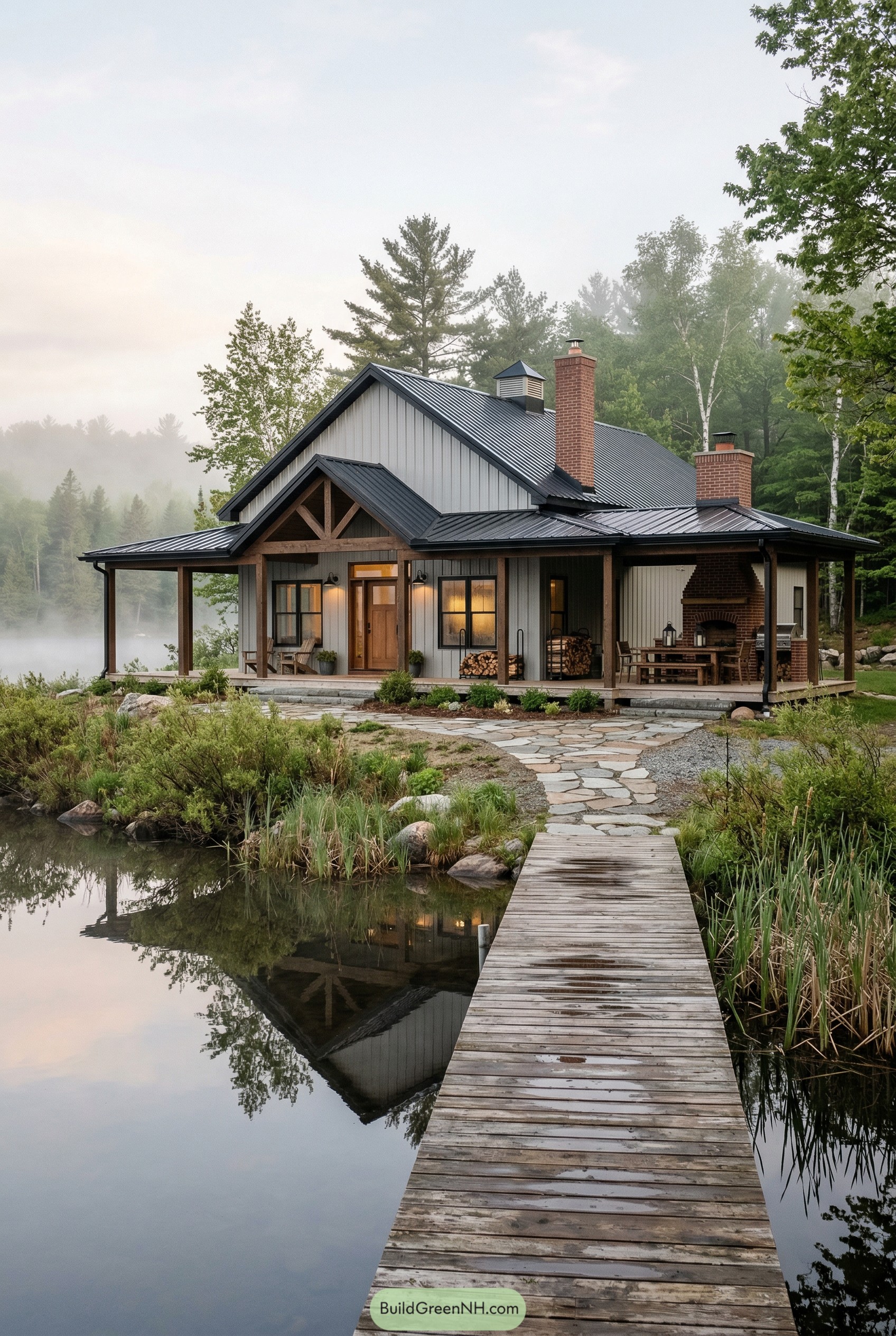 Lakeside barndominium with deep porch and brick fireplace