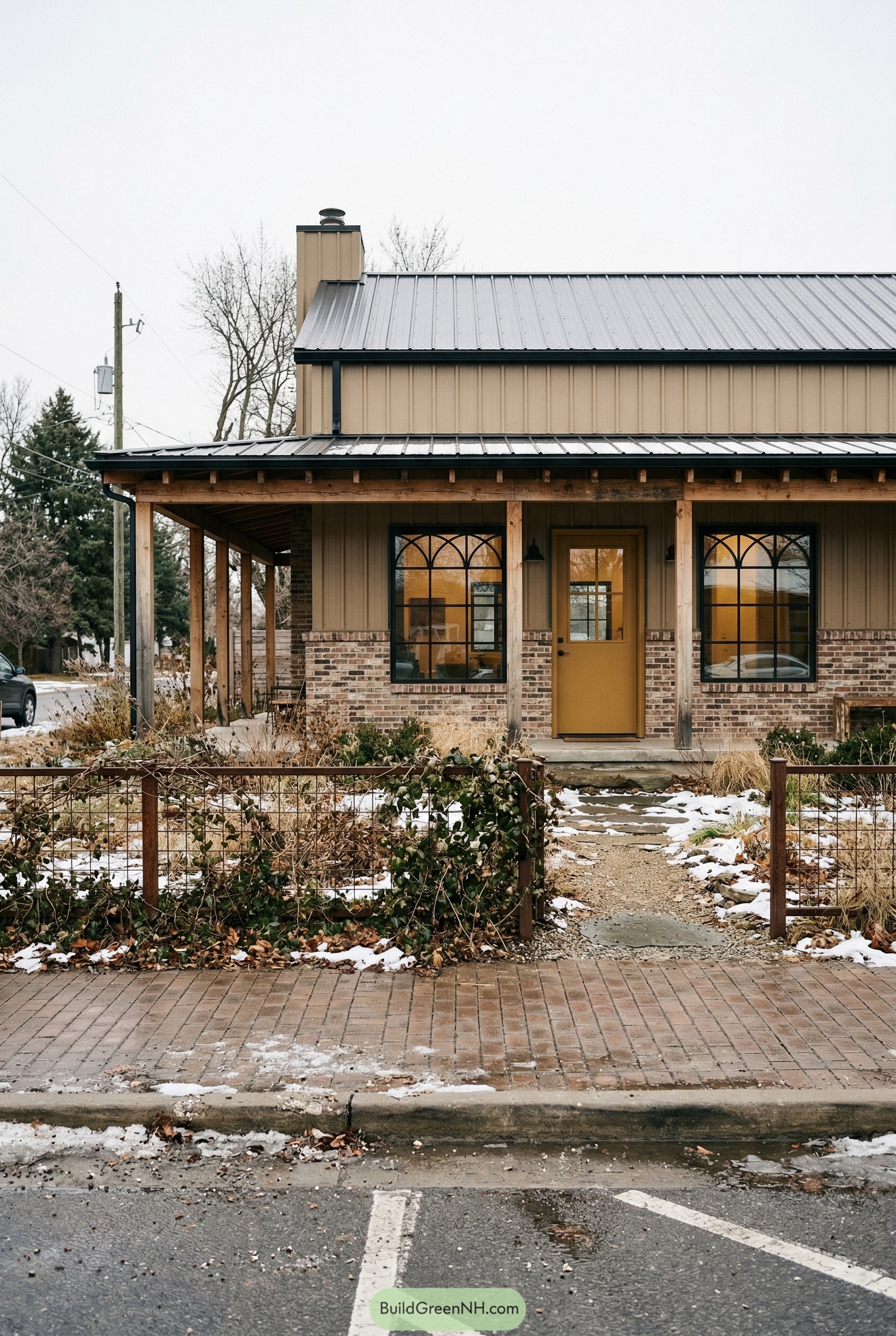 Tan barndominium with wraparound porch and mustard door