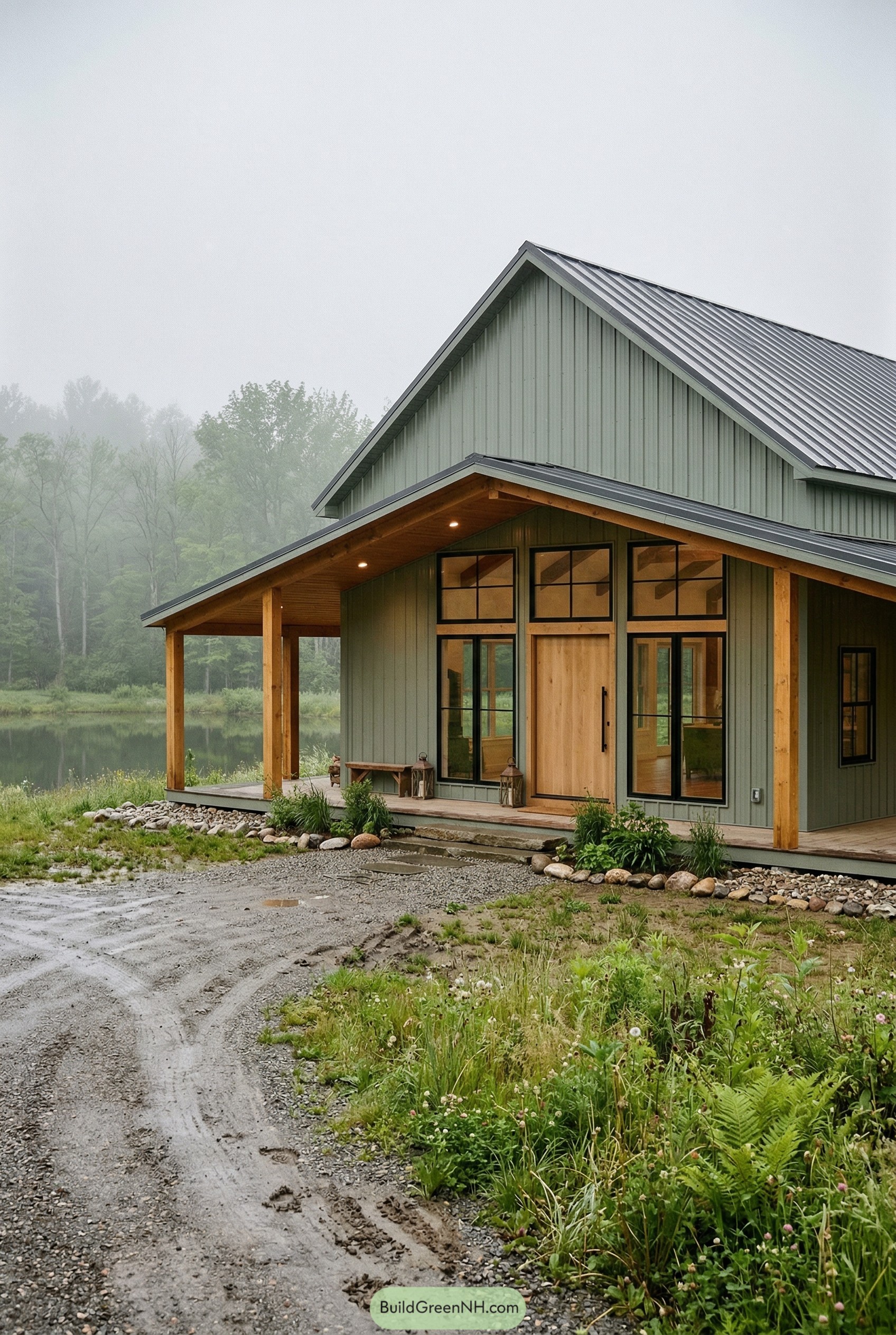 Green barndominium with a large covered porch by a pond