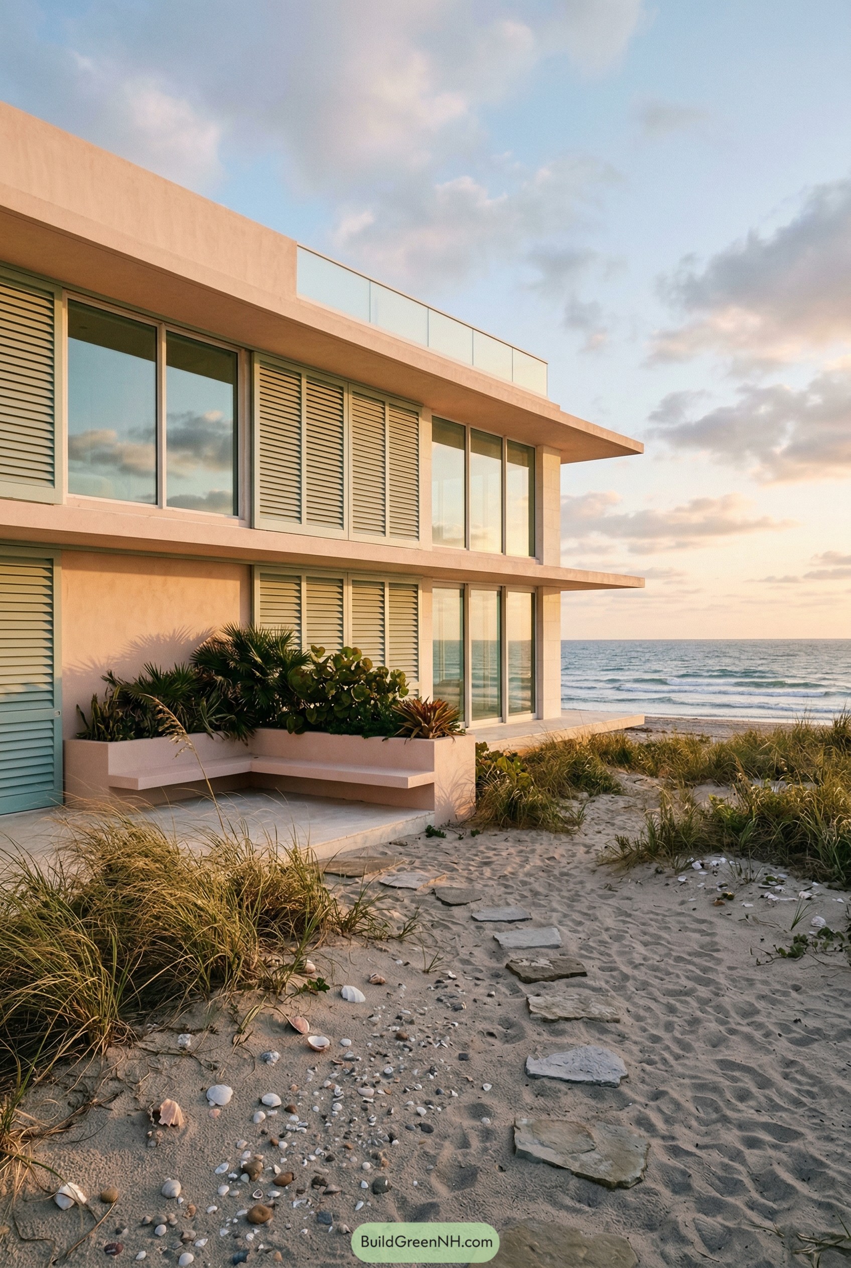 Pastel beachfront house with seafoam shutters