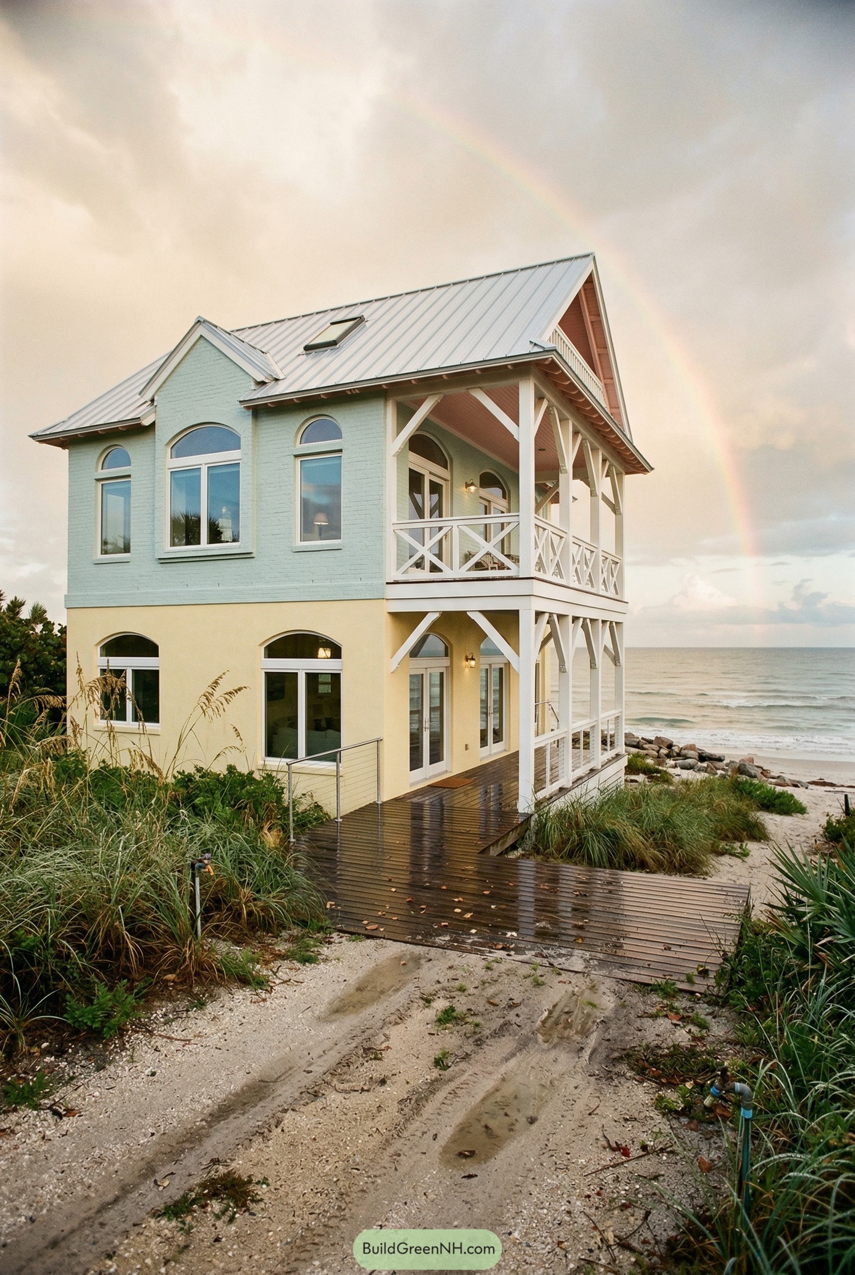 Mint and yellow oceanfront house with wraparound porch