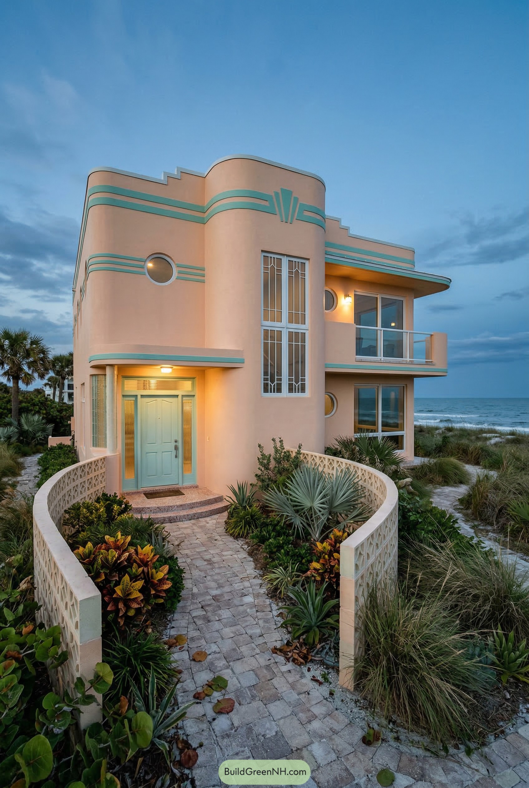 Peach Art Deco oceanfront house with aqua trim
