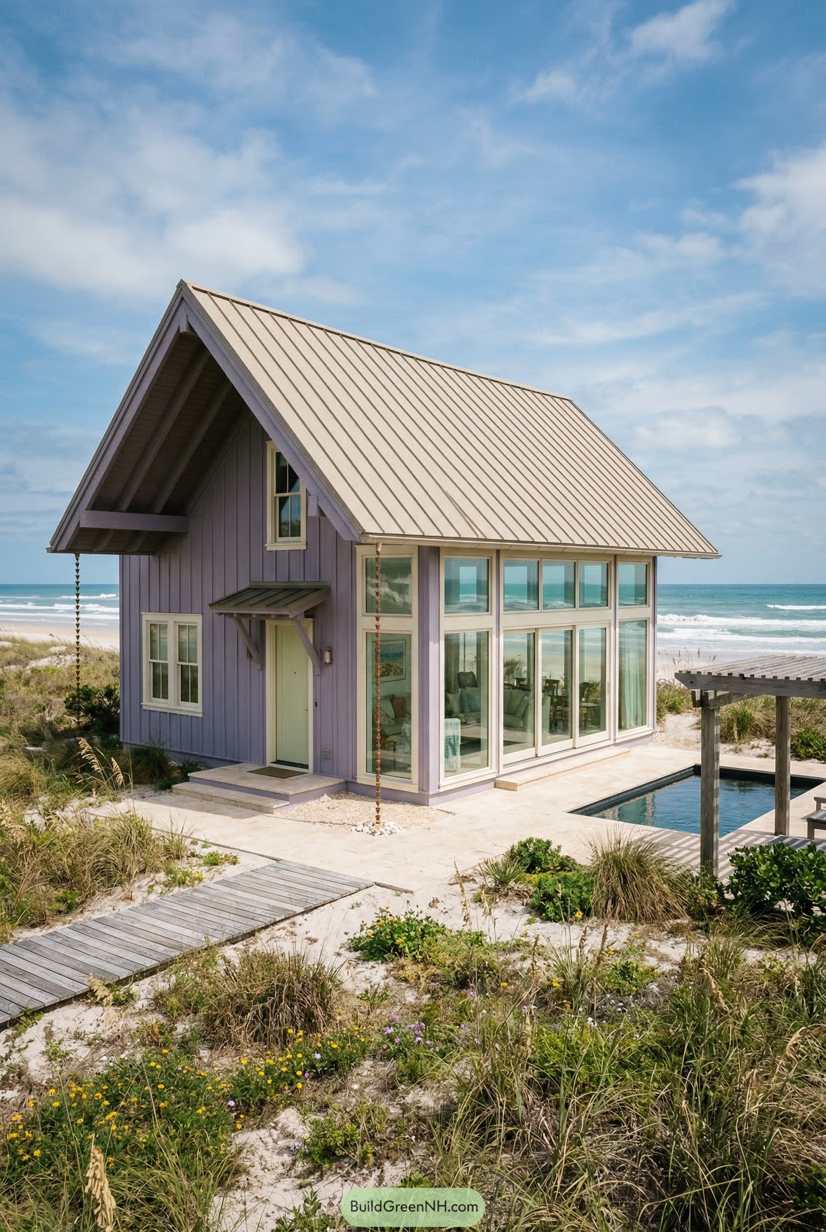 Lilac oceanfront cottage with tall windows and pool