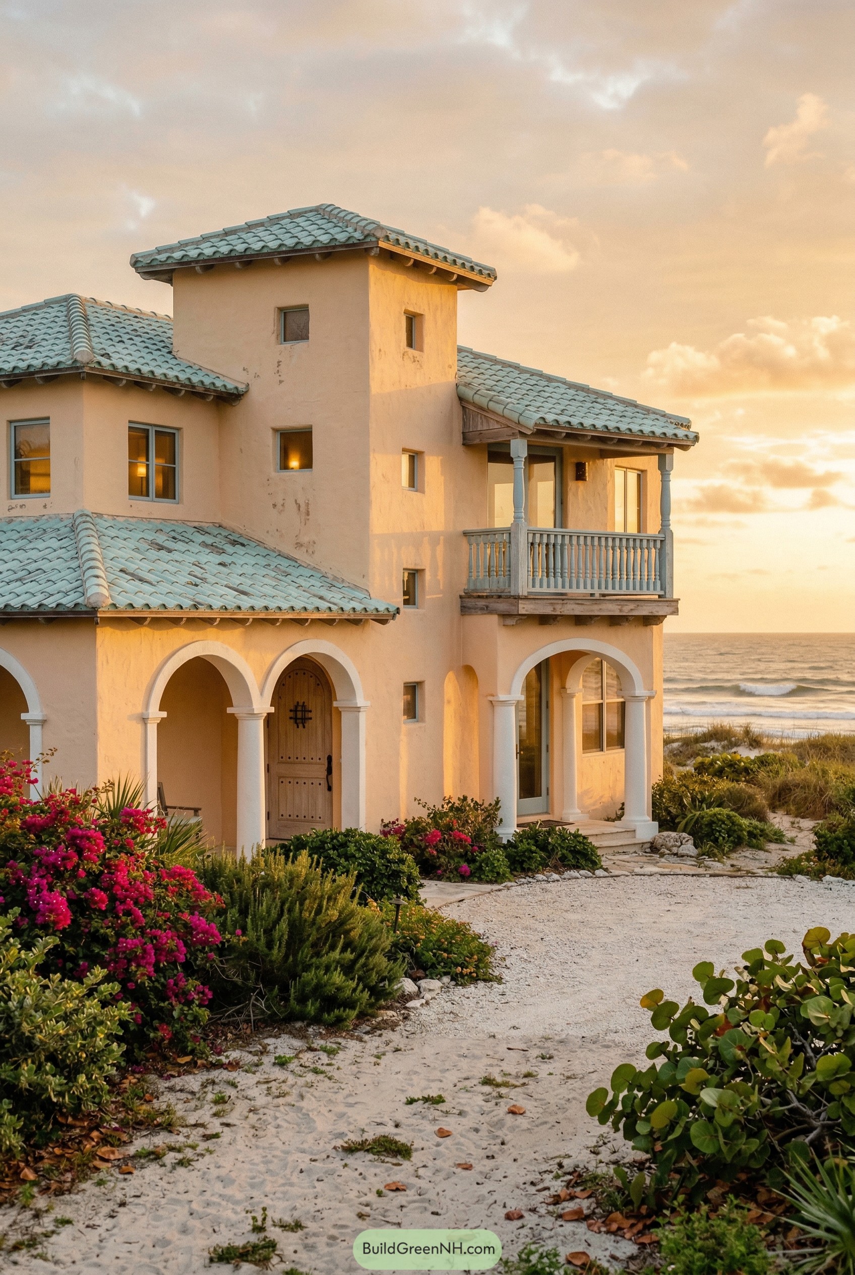 Peach stucco beach house with blue tile roof