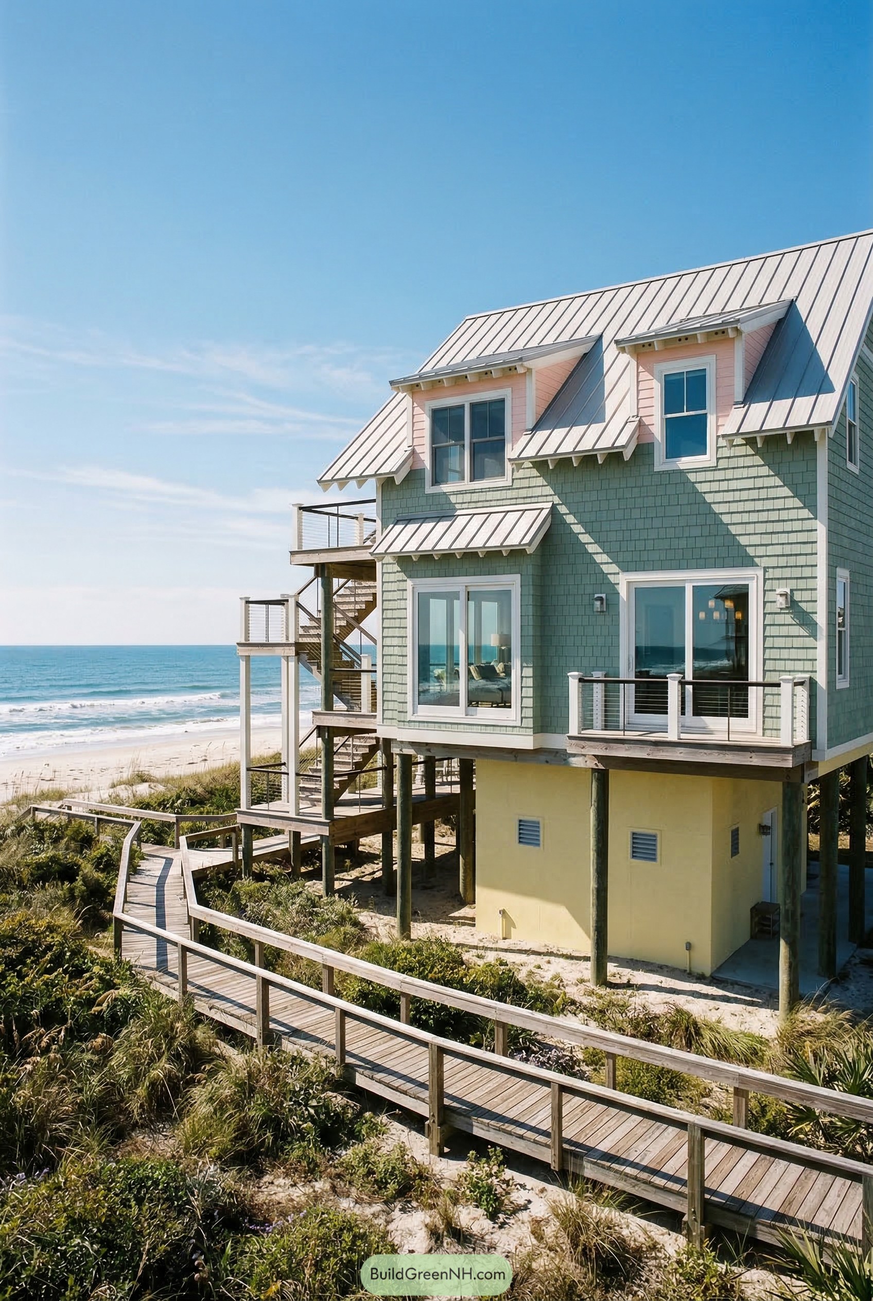 Pastel oceanfront house on stilts by dunes