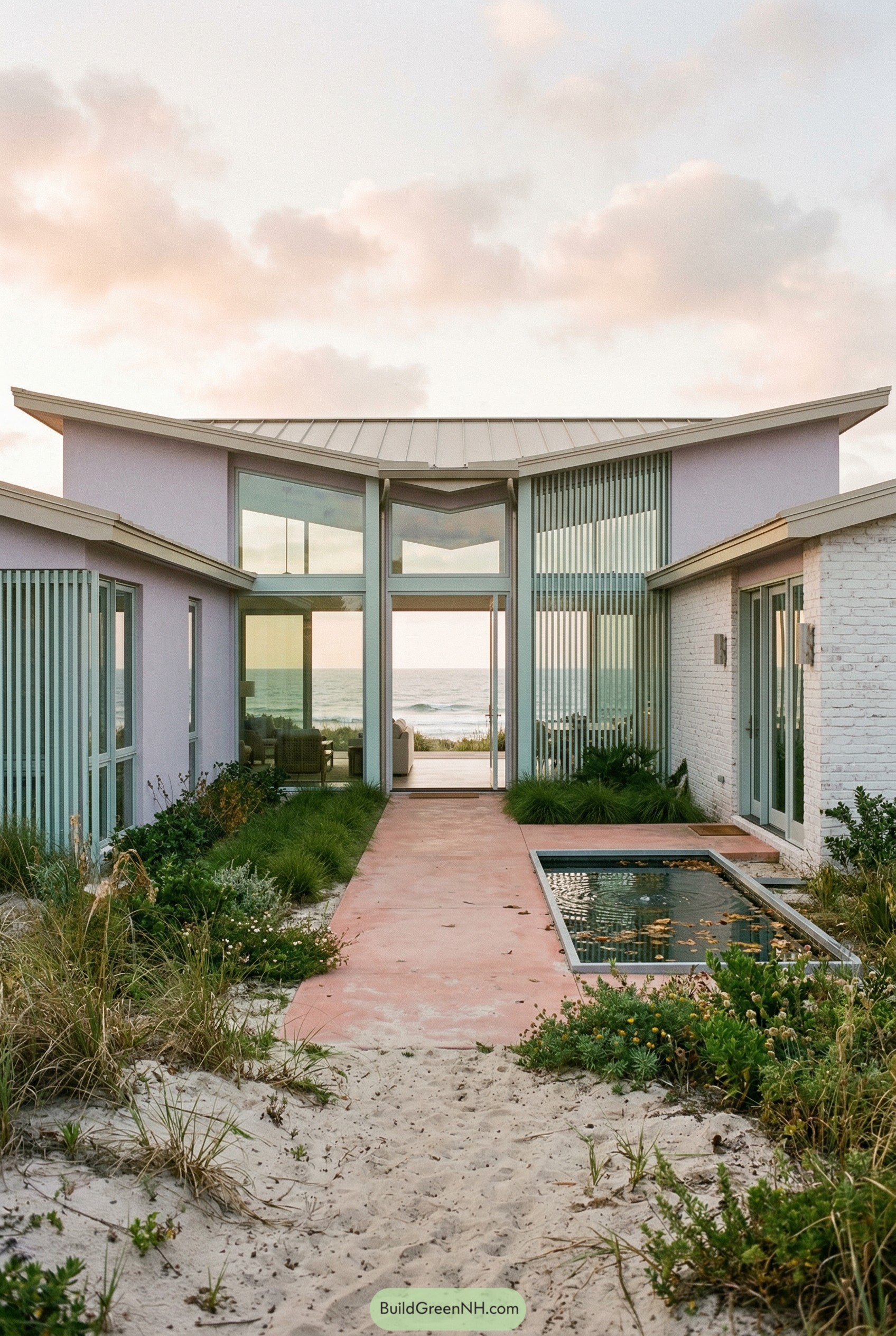 Lavender beach house courtyard facing the ocean
