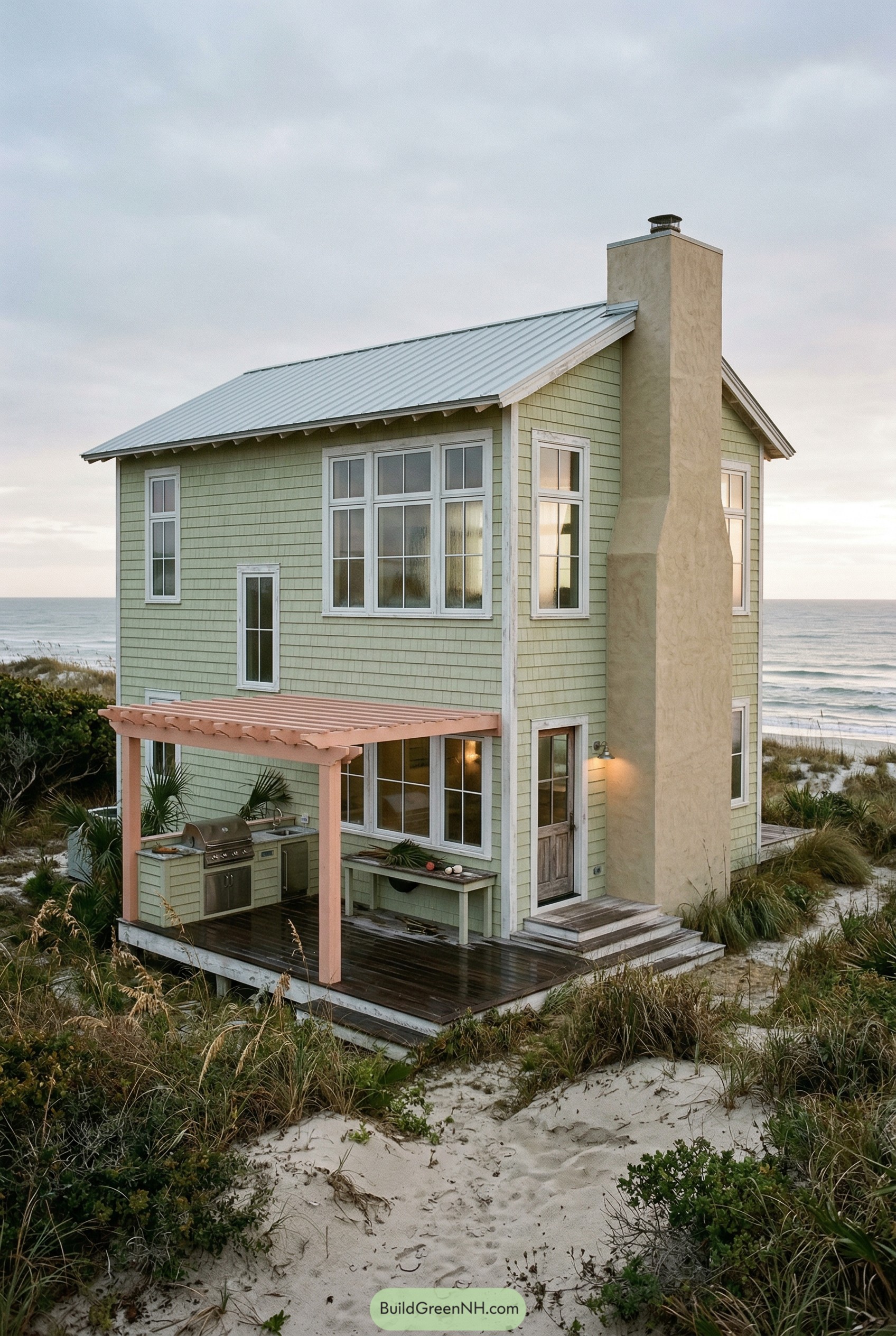 Pale green beach house with pink pergola