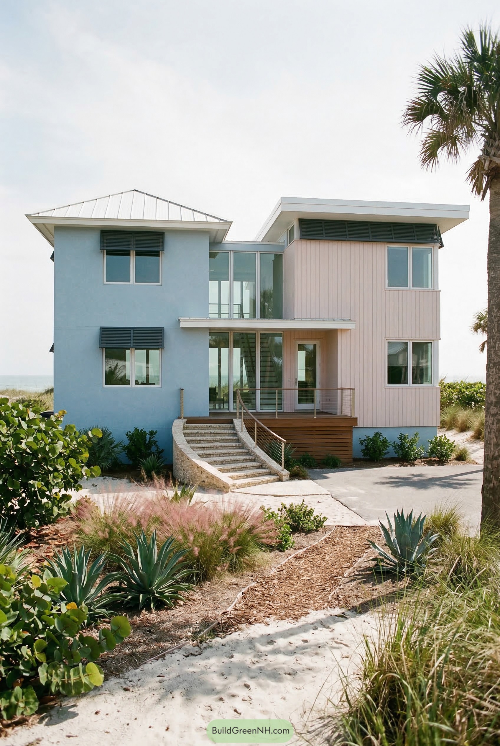 Pastel blue and pink beach house with curved entry stairs
