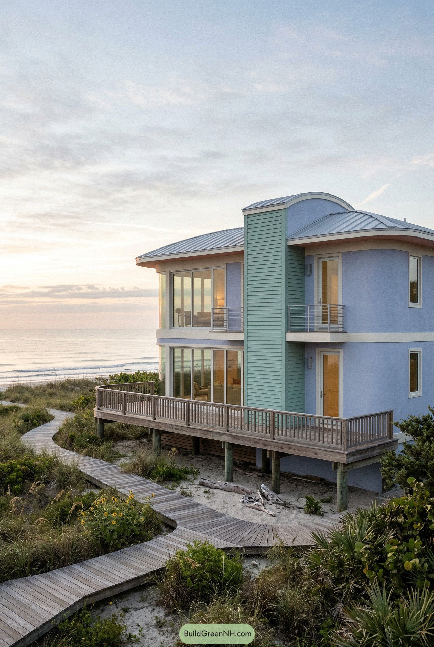 Pastel blue oceanfront house with curved roof and dune boardwalk