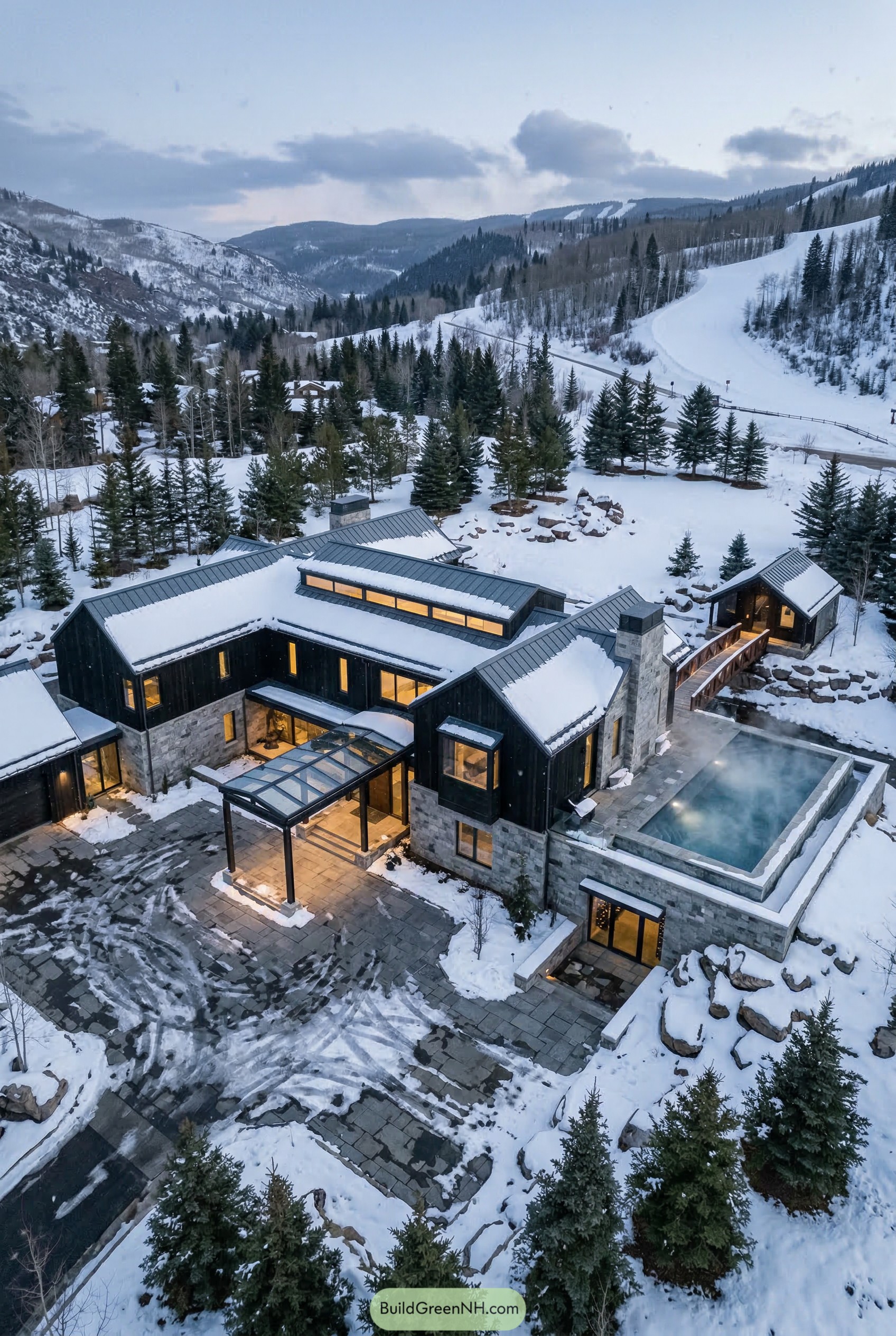Modern mountain mansion in snow with heated pool