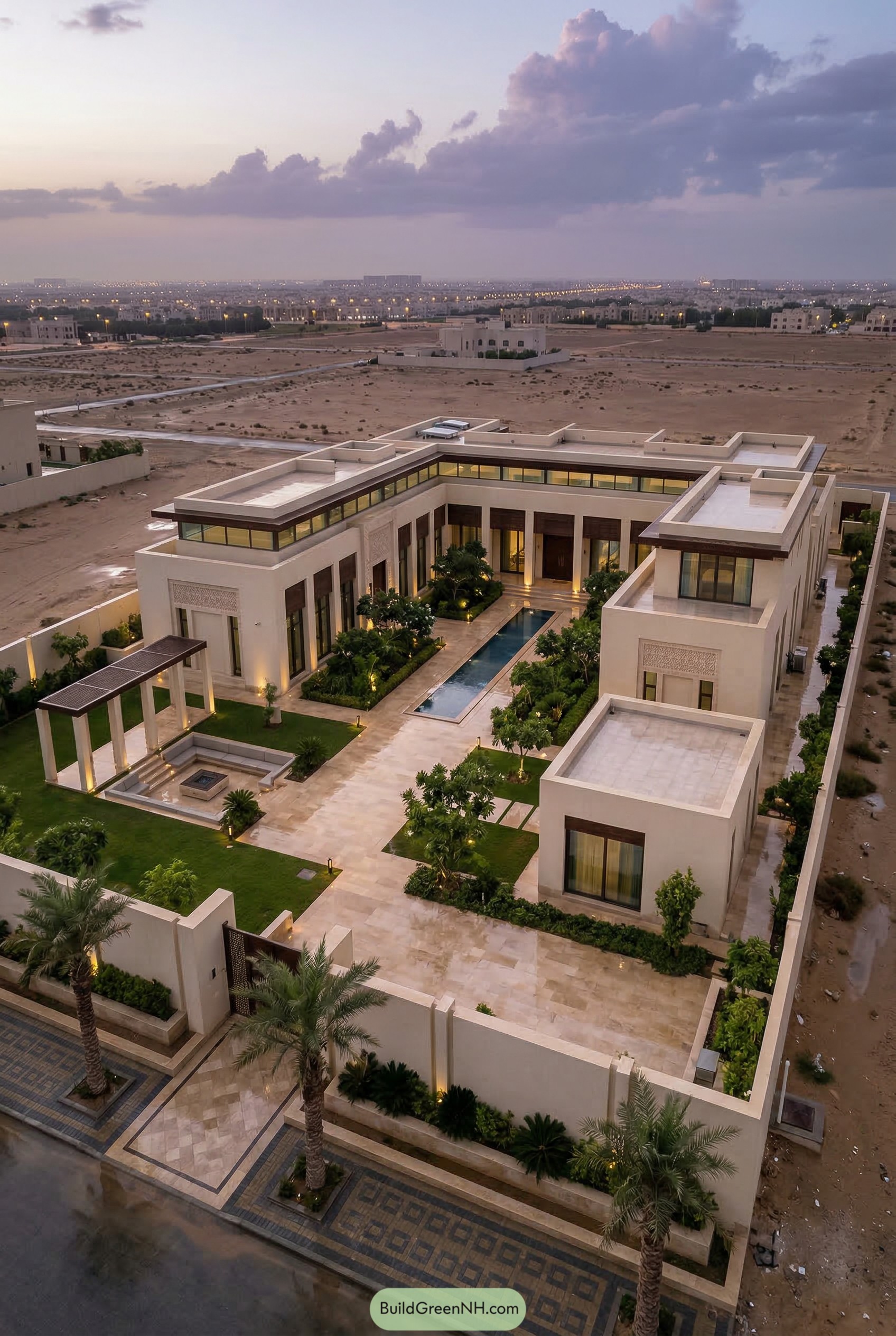 Modern courtyard mansion with long pool