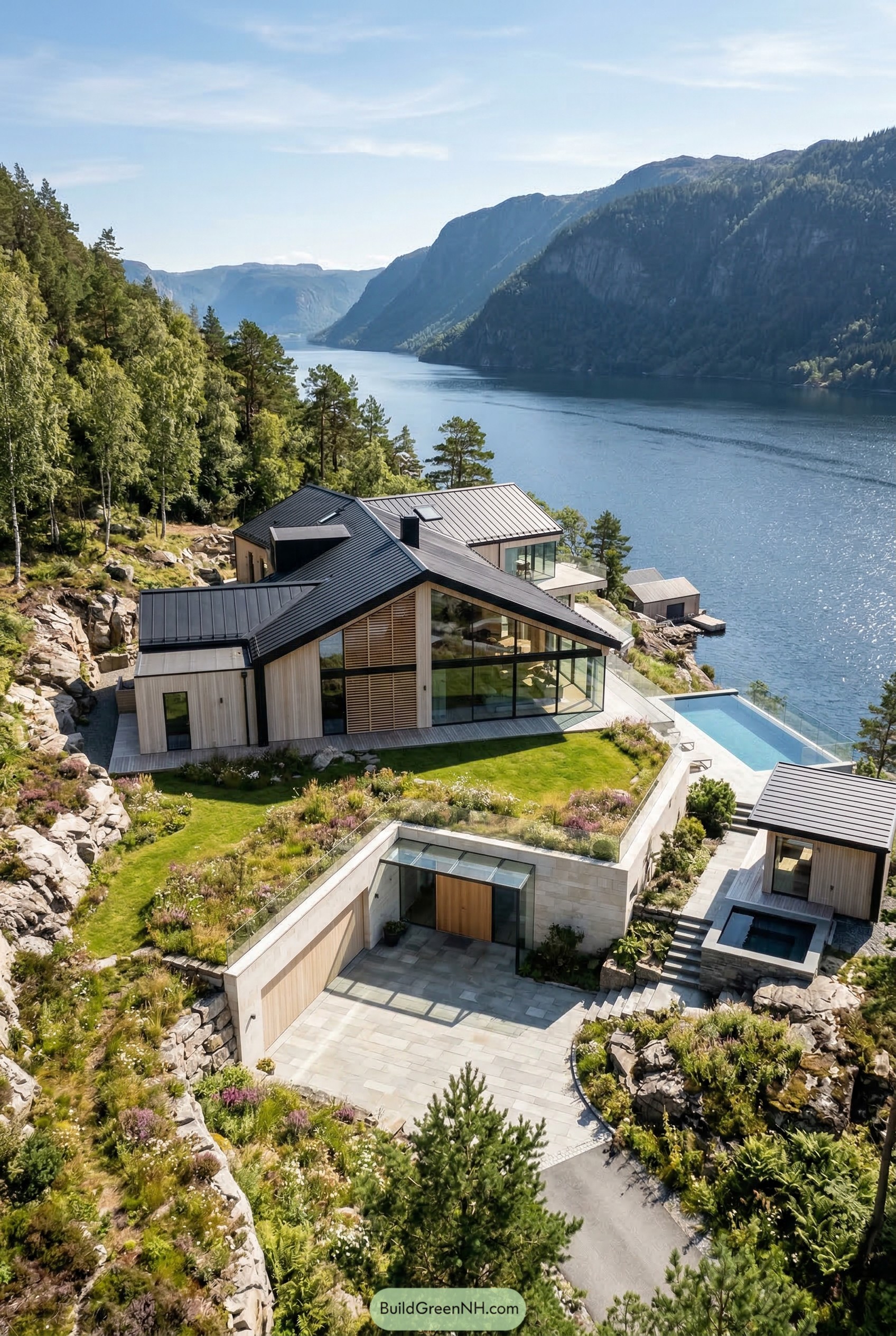 Modern fjordside timber mansion with infinity pool