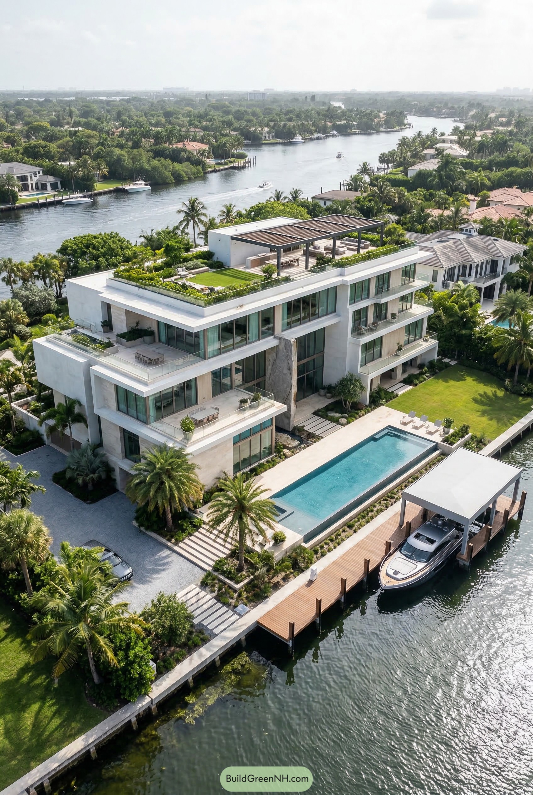 Modern waterfront mansion with rooftop garden and dock