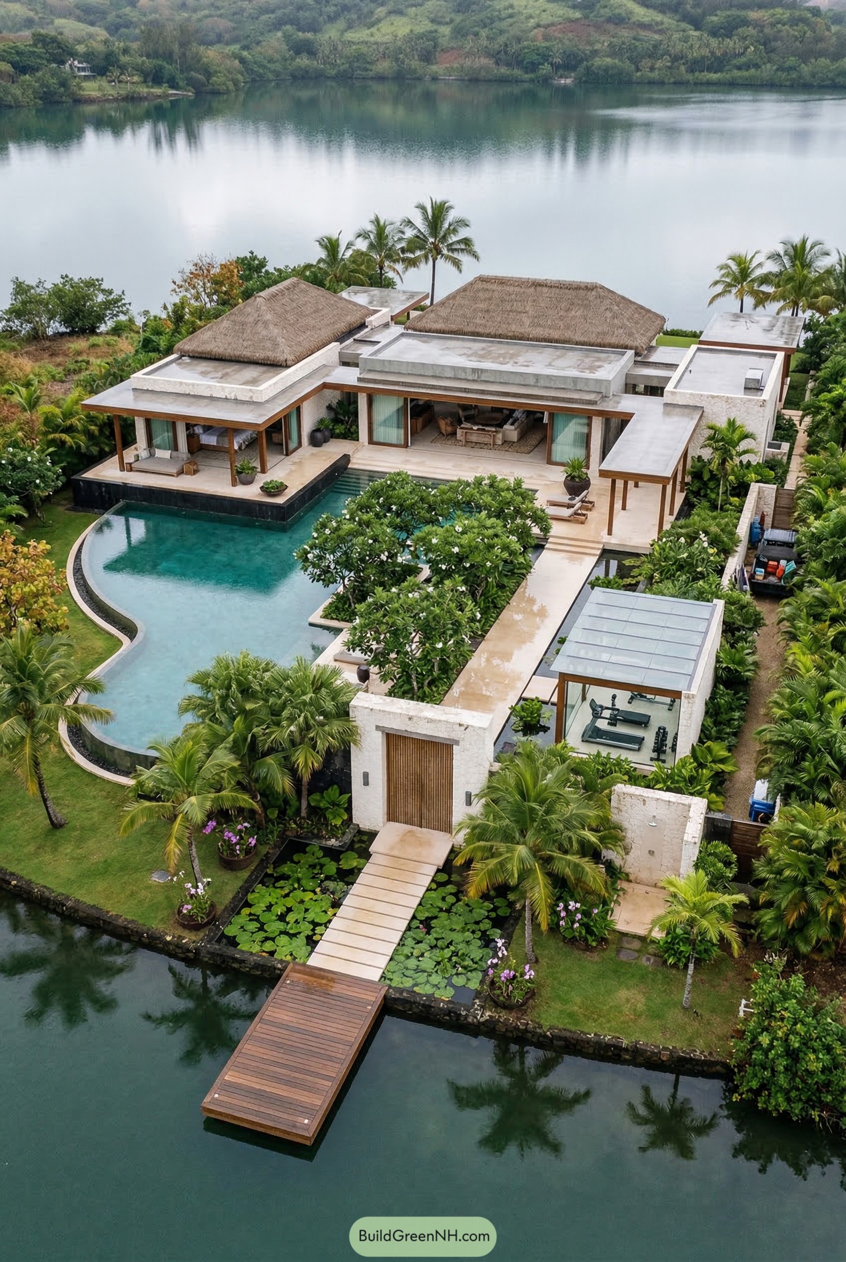 Waterfront tropical mansion with curved pool and dock
