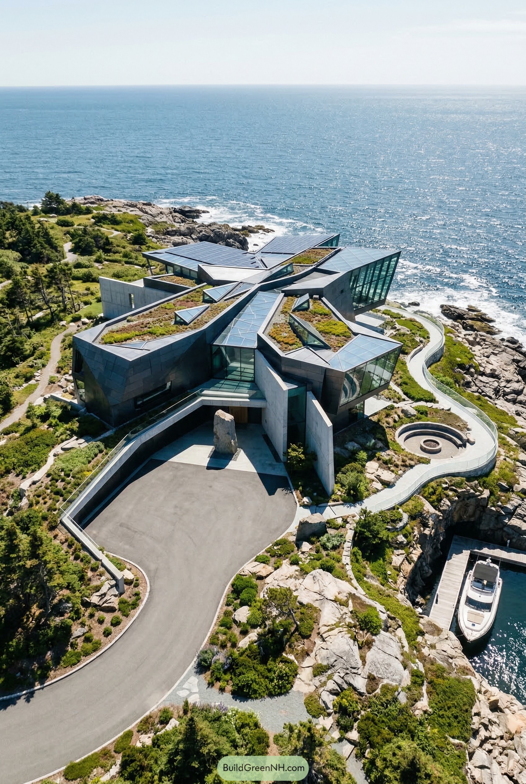 Angular oceanfront mansion with green roofs