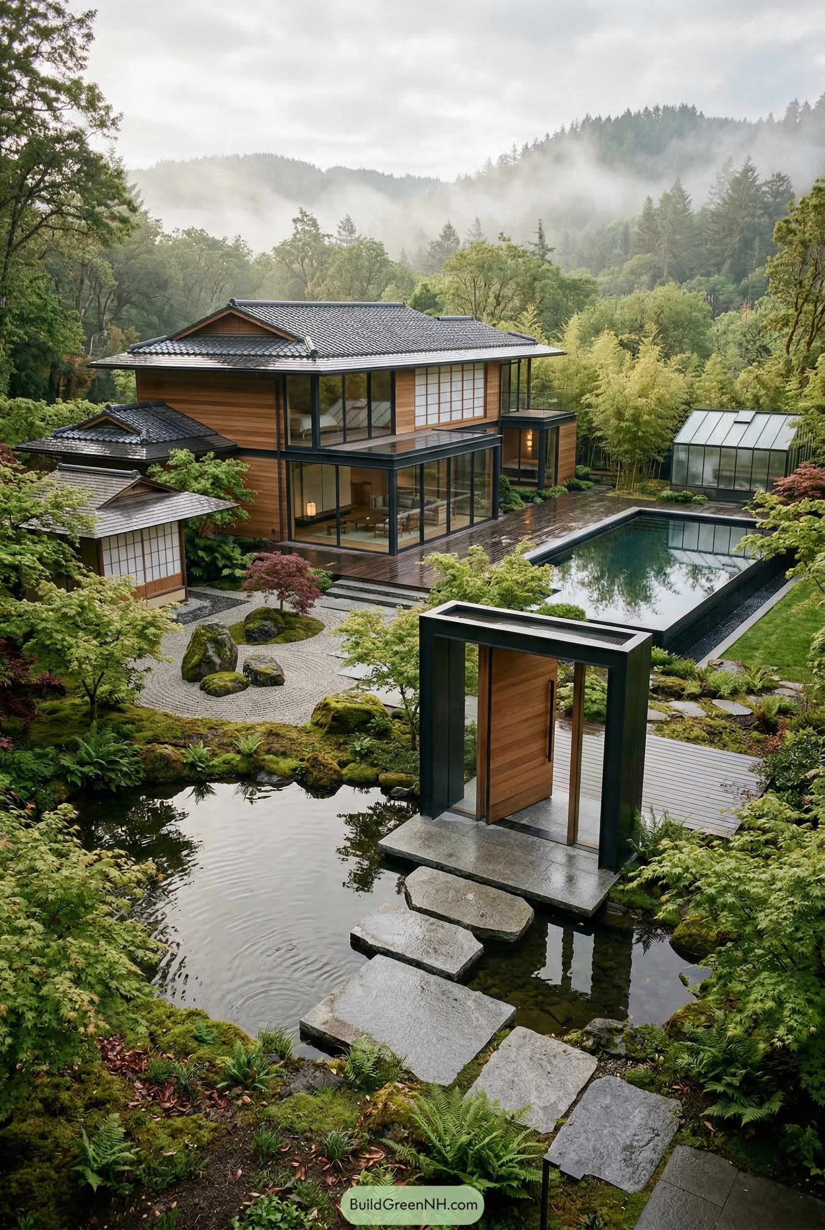 Japanese inspired woodland mansion with pond and pool