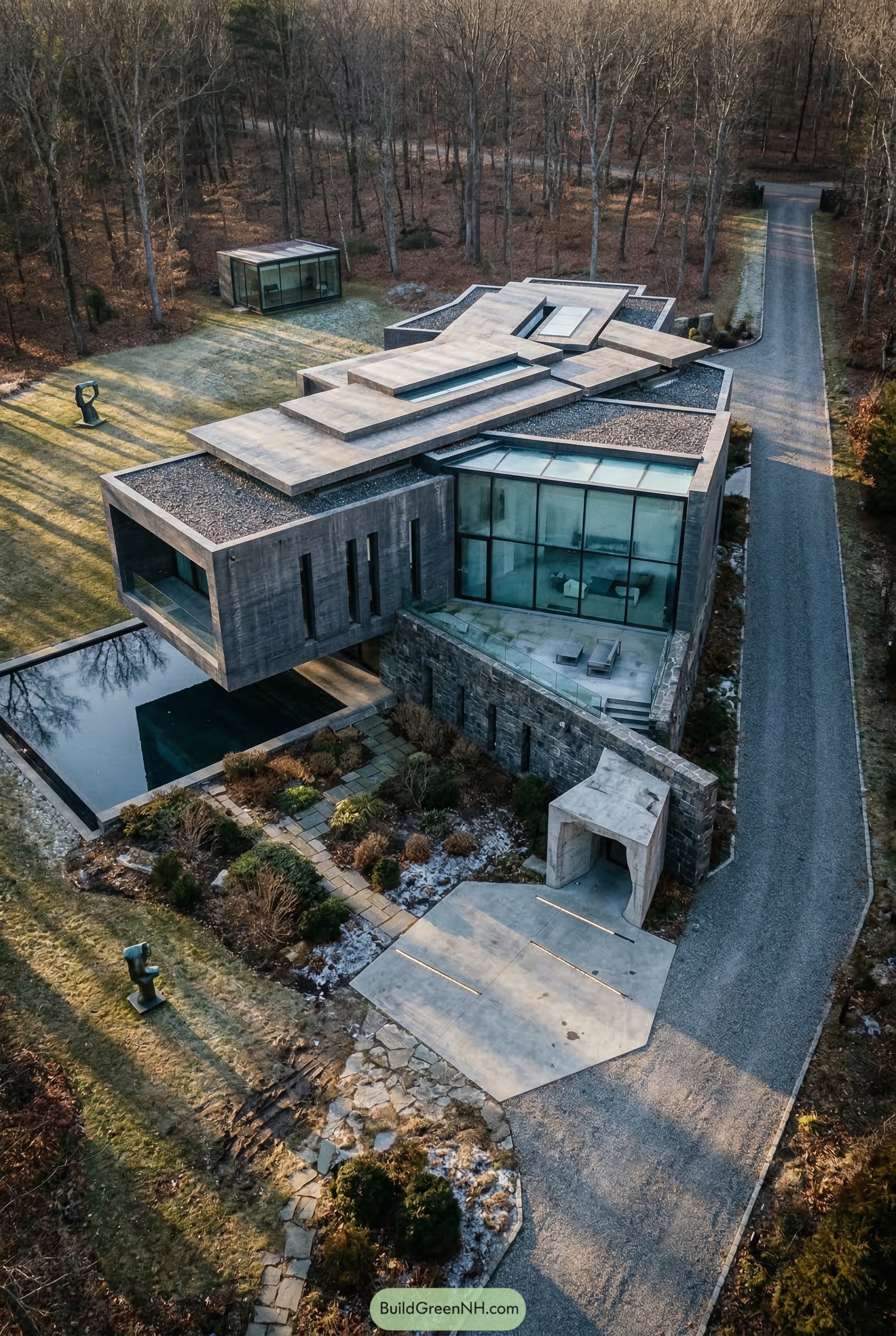 Layered concrete mansion with glass walls and reflecting pool
