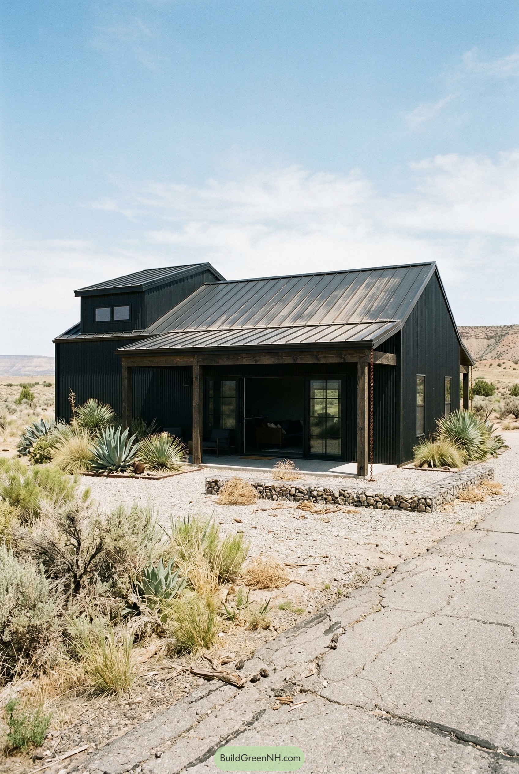 Black barndominium with a covered porch in the desert