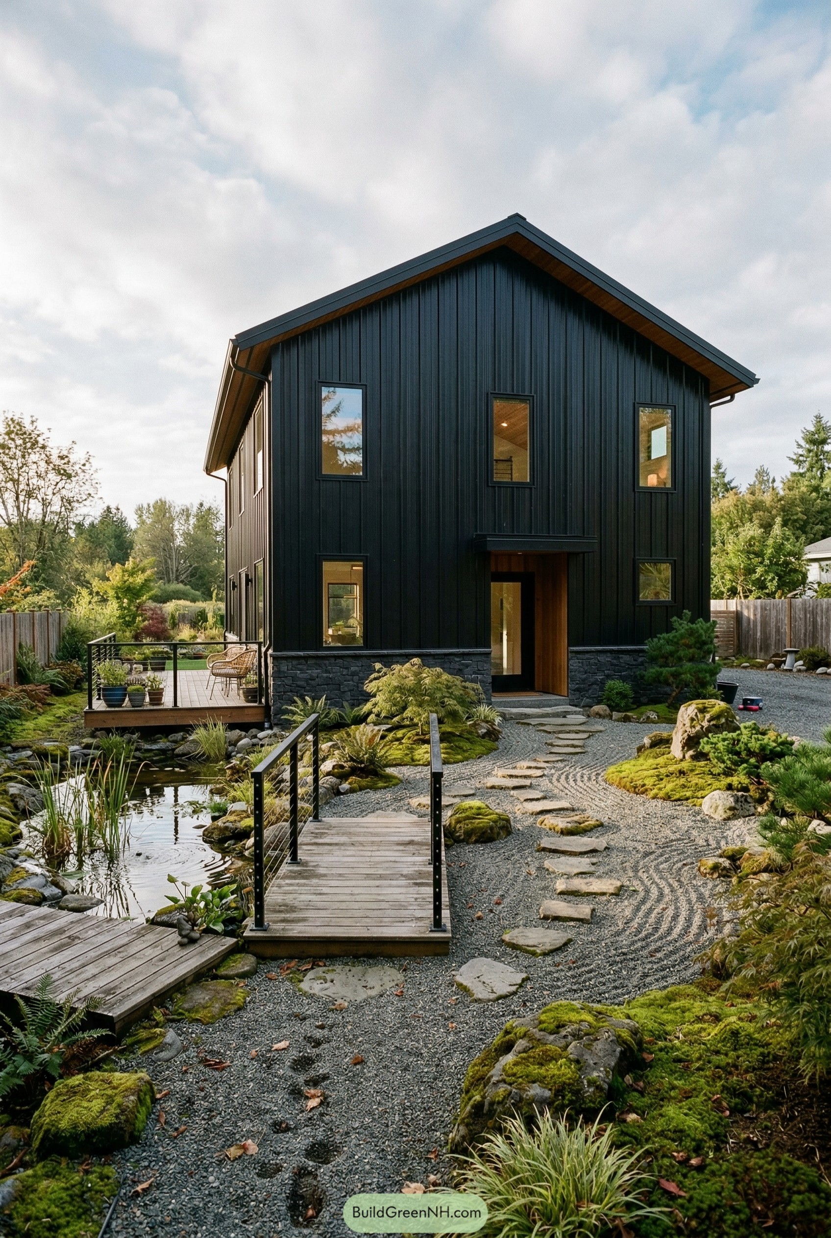 Black gabled barndominium with pond and gravel garden