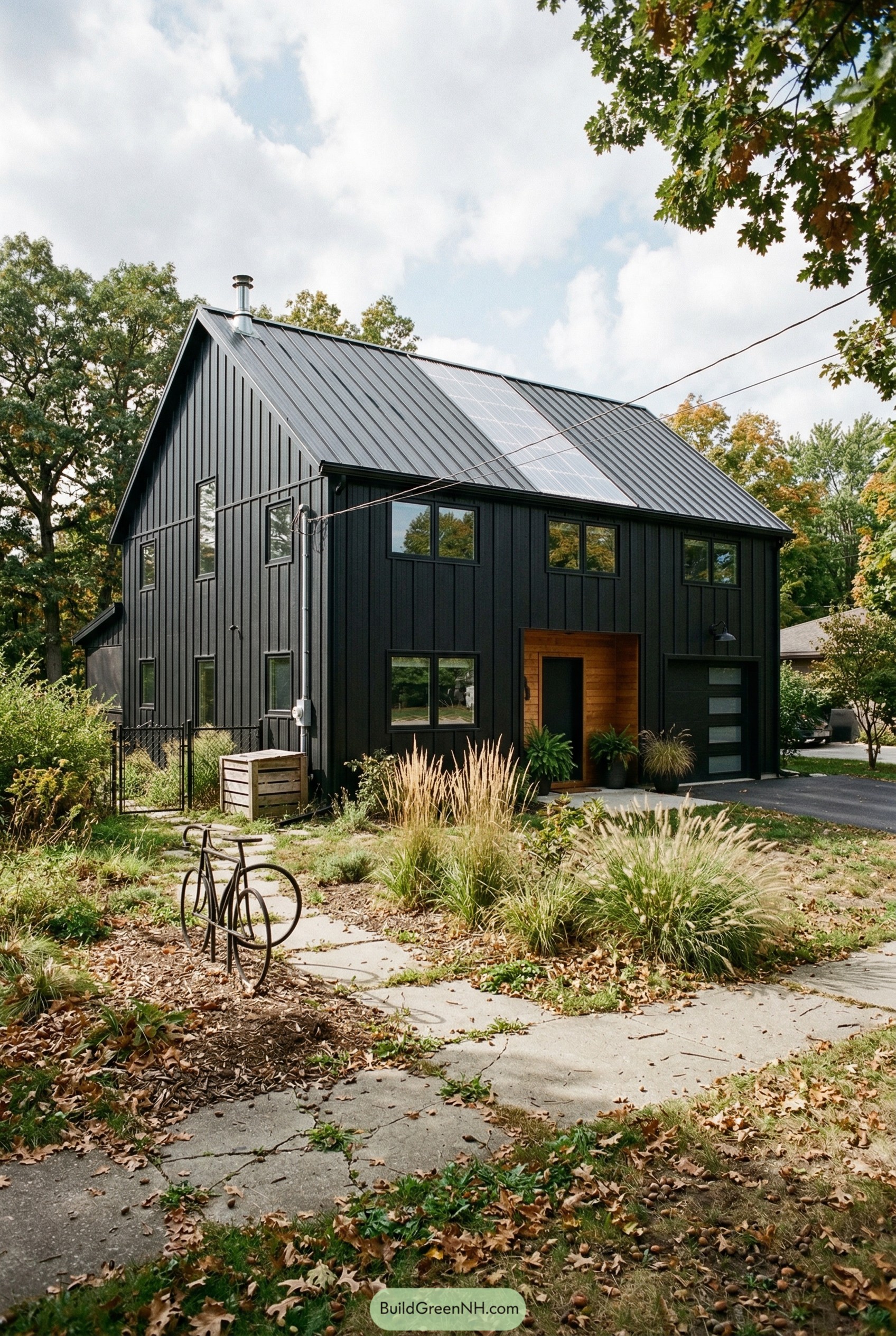 Black barndominium with solar panels and wood entry