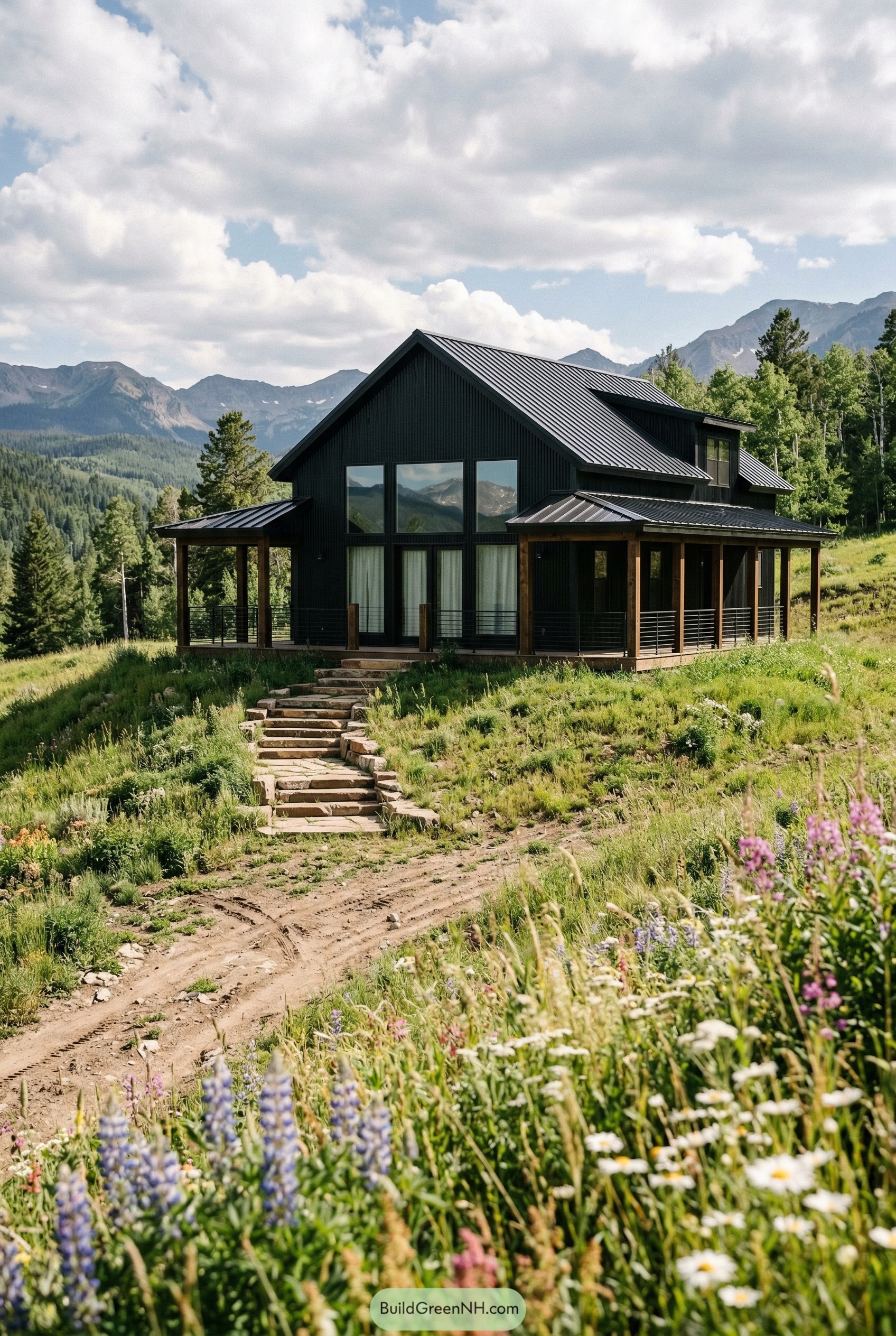 Black barndominium with porches in a mountain meadow