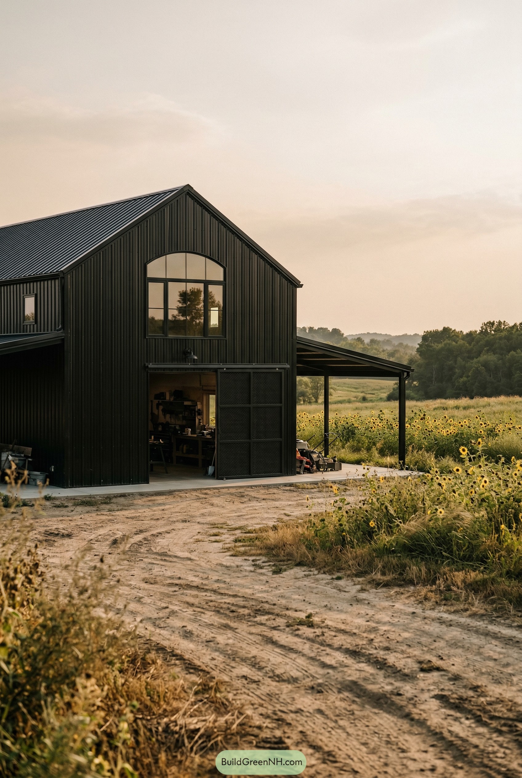 Black barndominium with arched window beside sunflowers