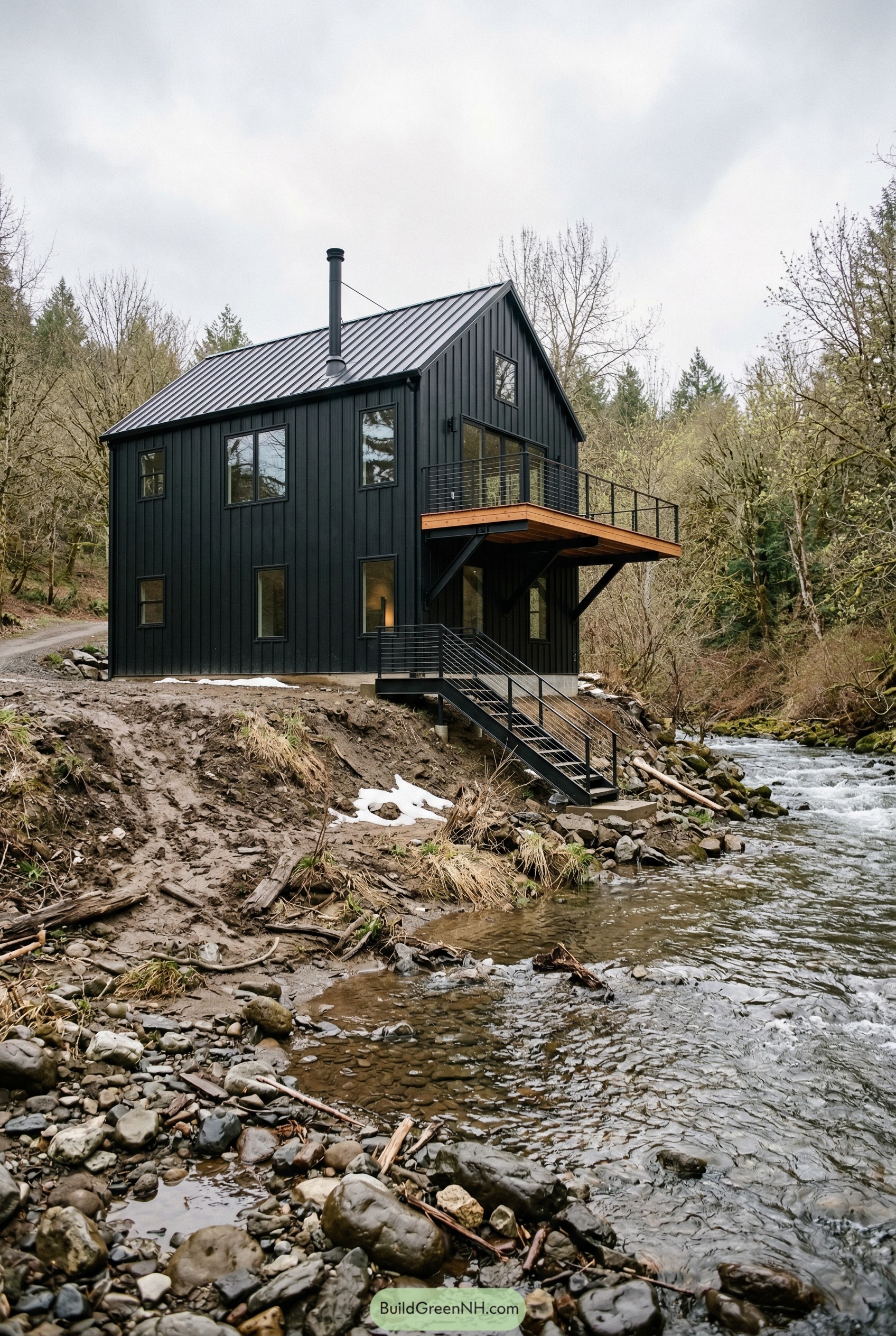 Black barndominium beside a rocky creek