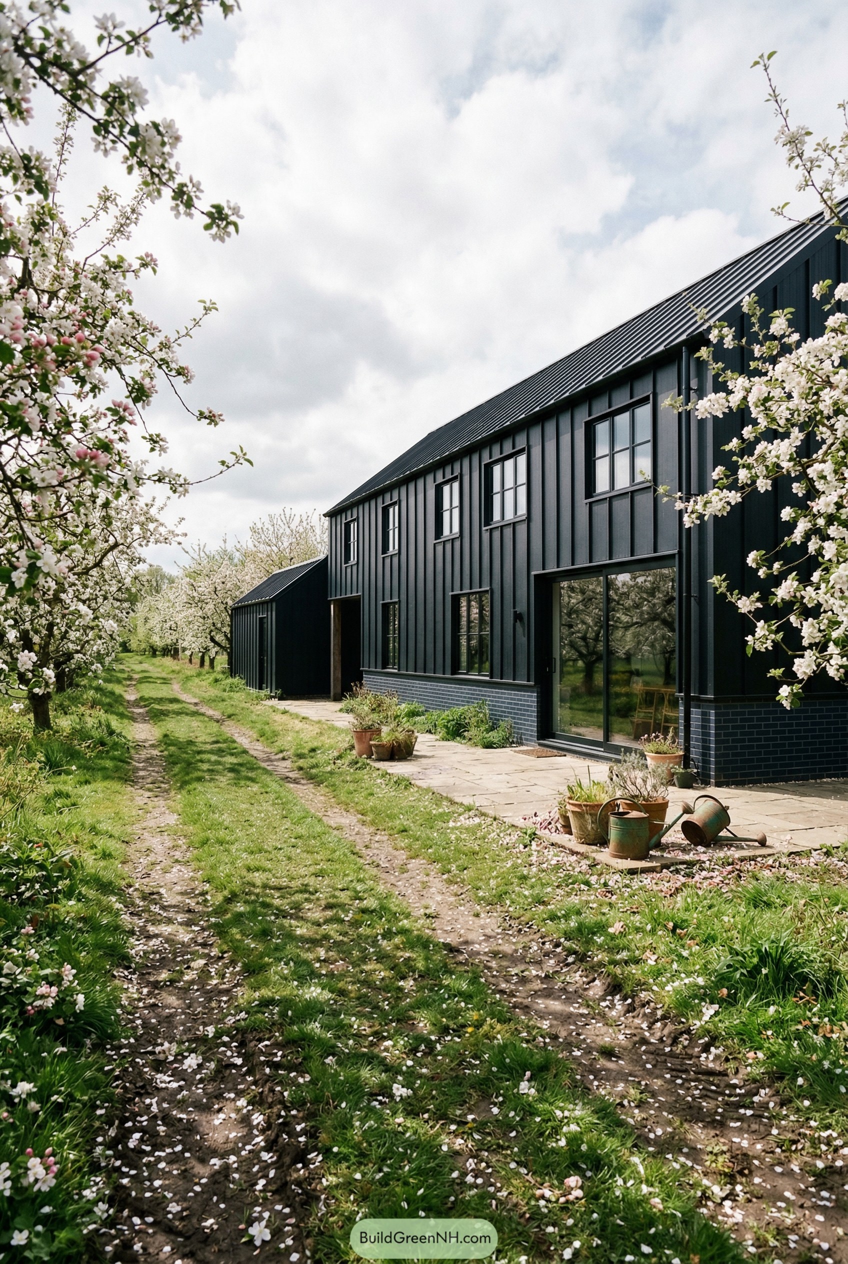 Black metal barndominium along a blooming orchard path