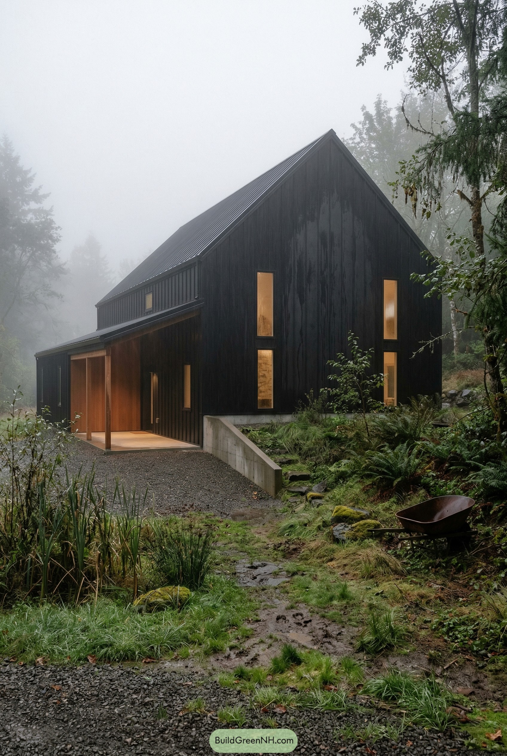 Black gabled barndominium in a foggy forest
