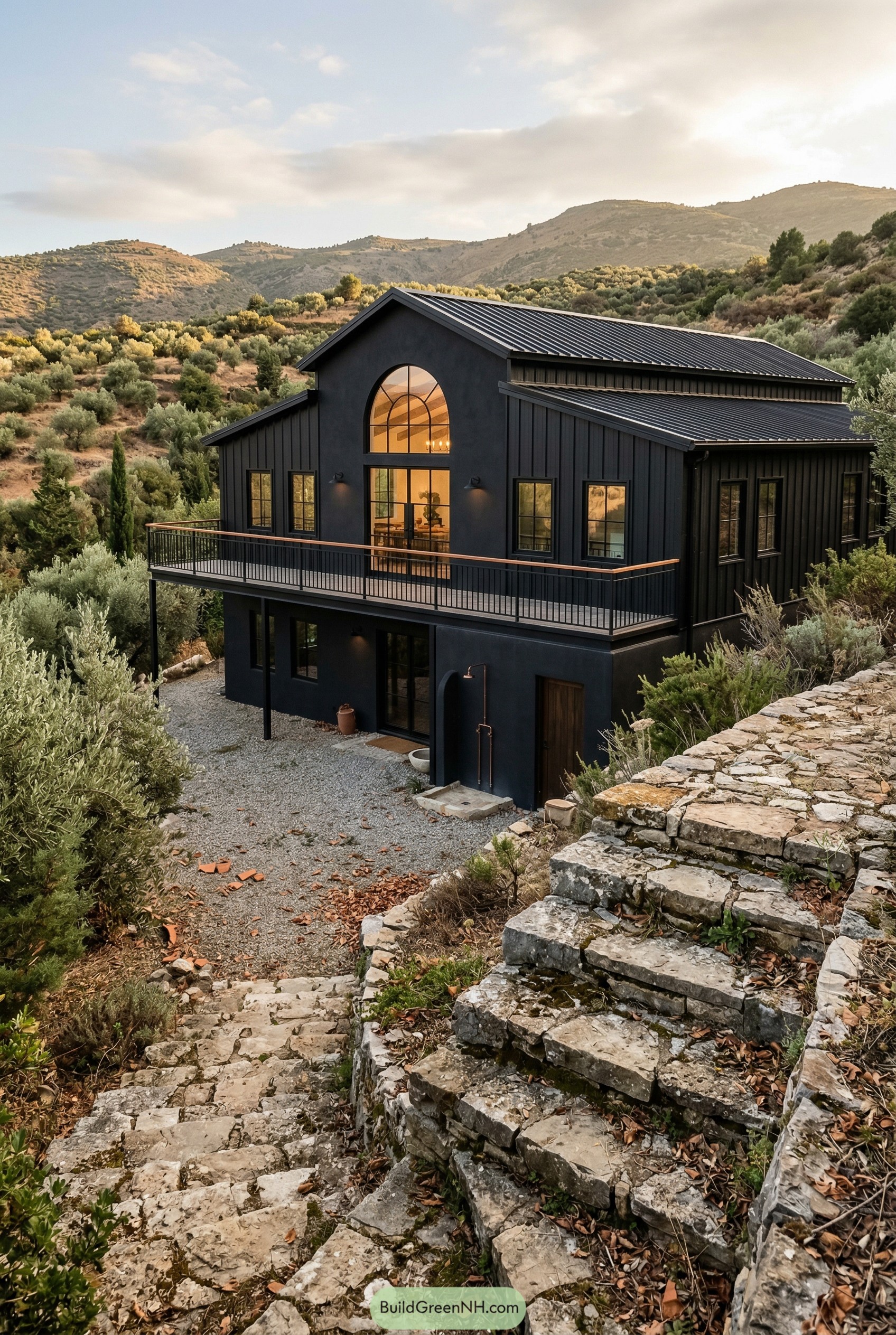 Black hillside barndominium with arched window and long balcony
