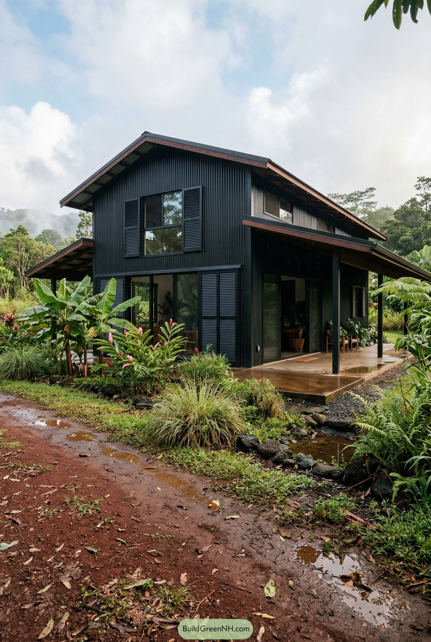 Two story black barndominium with covered lanai