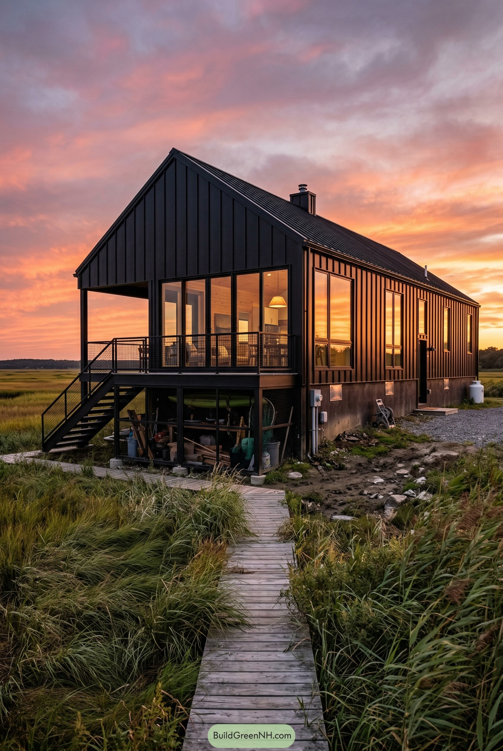 Black elevated barndominium with marsh deck at sunset