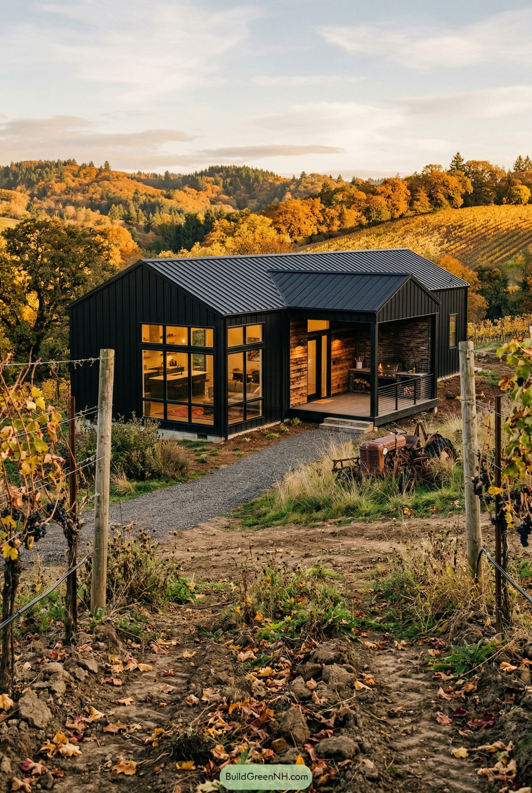 Black barndominium in an autumn vineyard