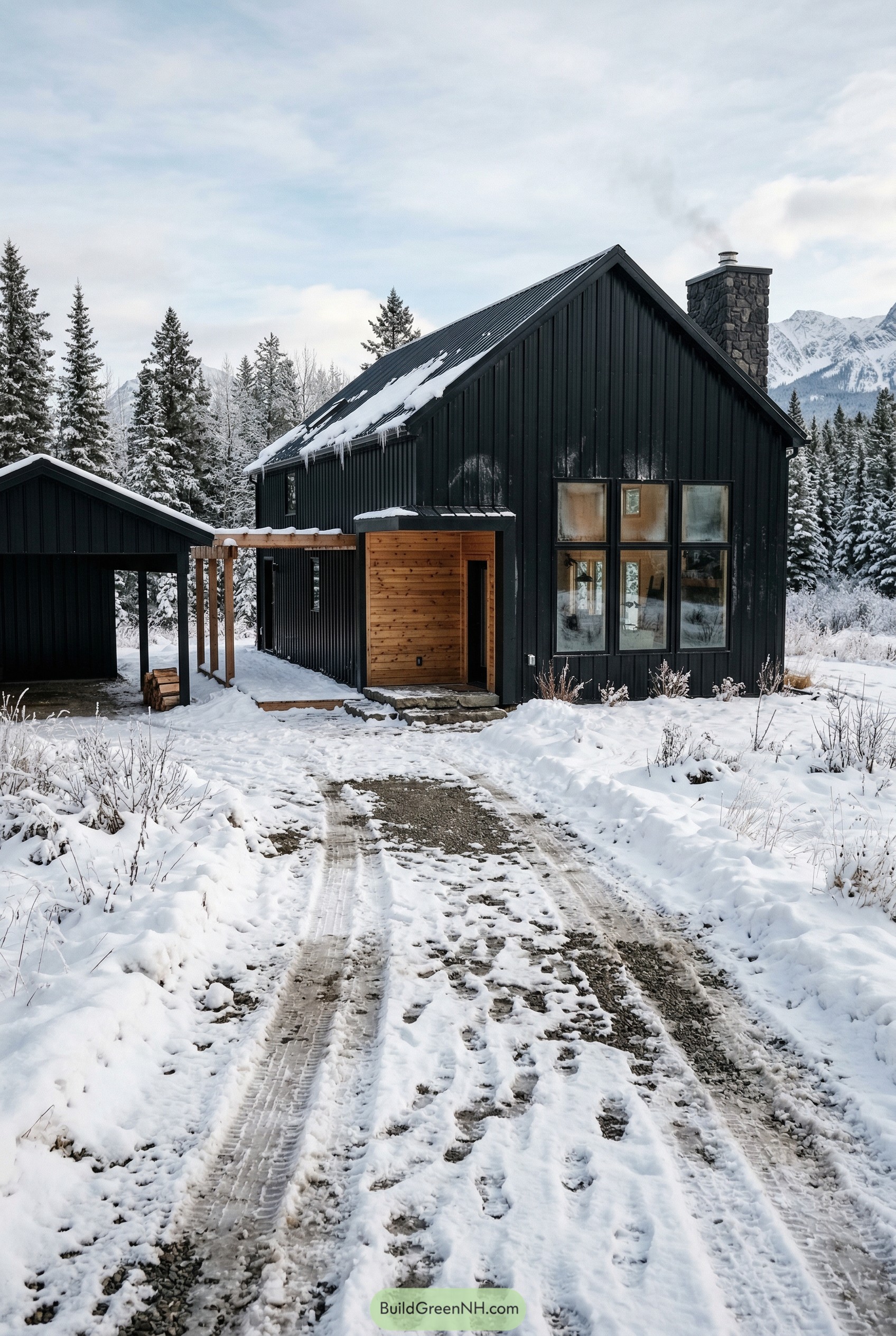 Black gabled barndominium in snowy mountain setting