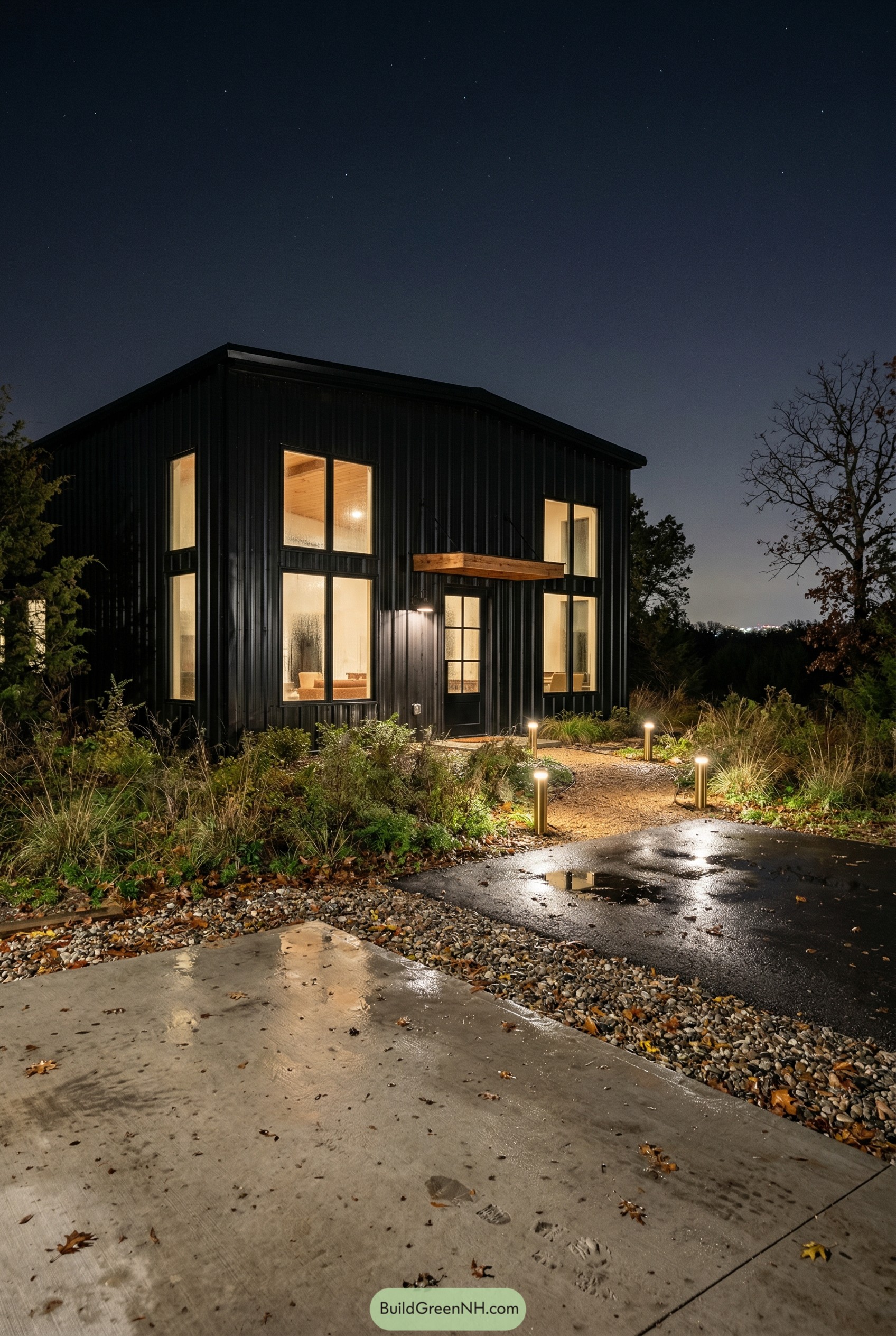 Modern black barndominium with tall windows at night