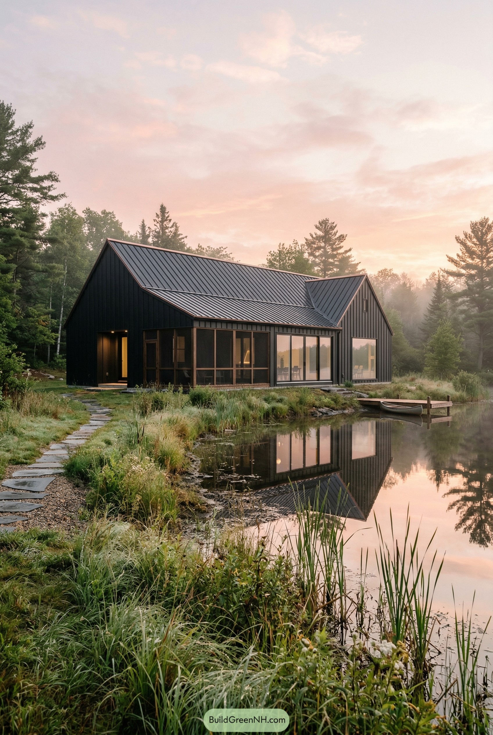 Black gabled barndominium beside a forest pond