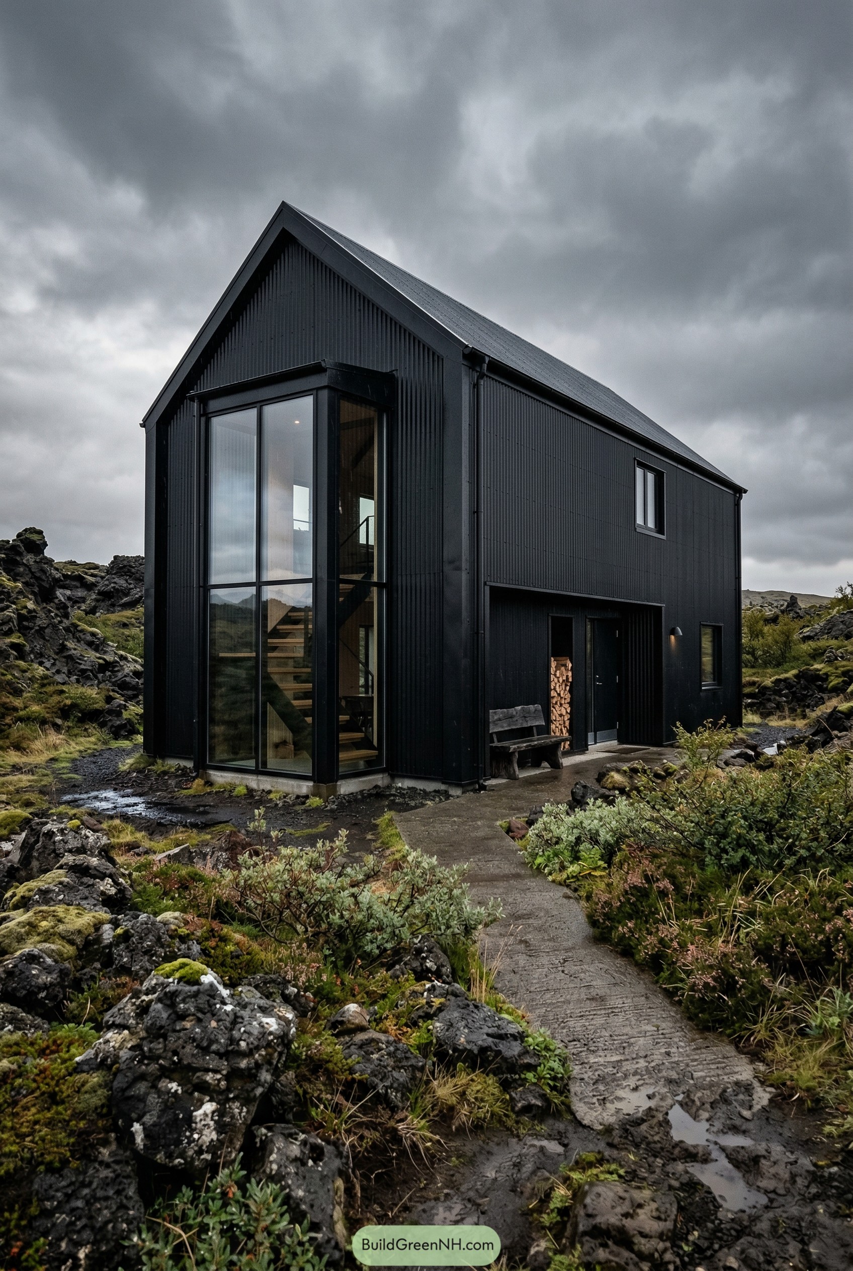 Black gabled barndominium in a rocky landscape