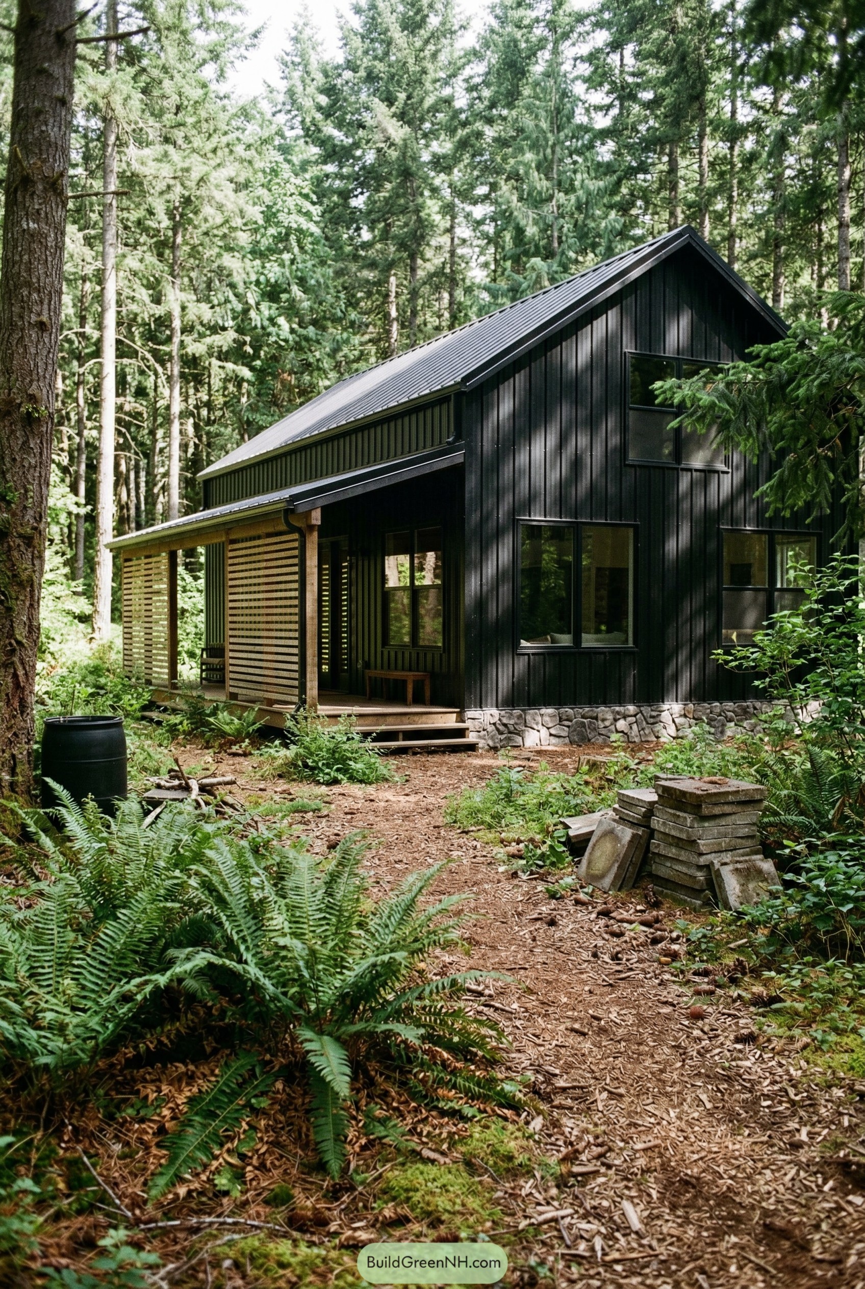 Black barn style home in forest