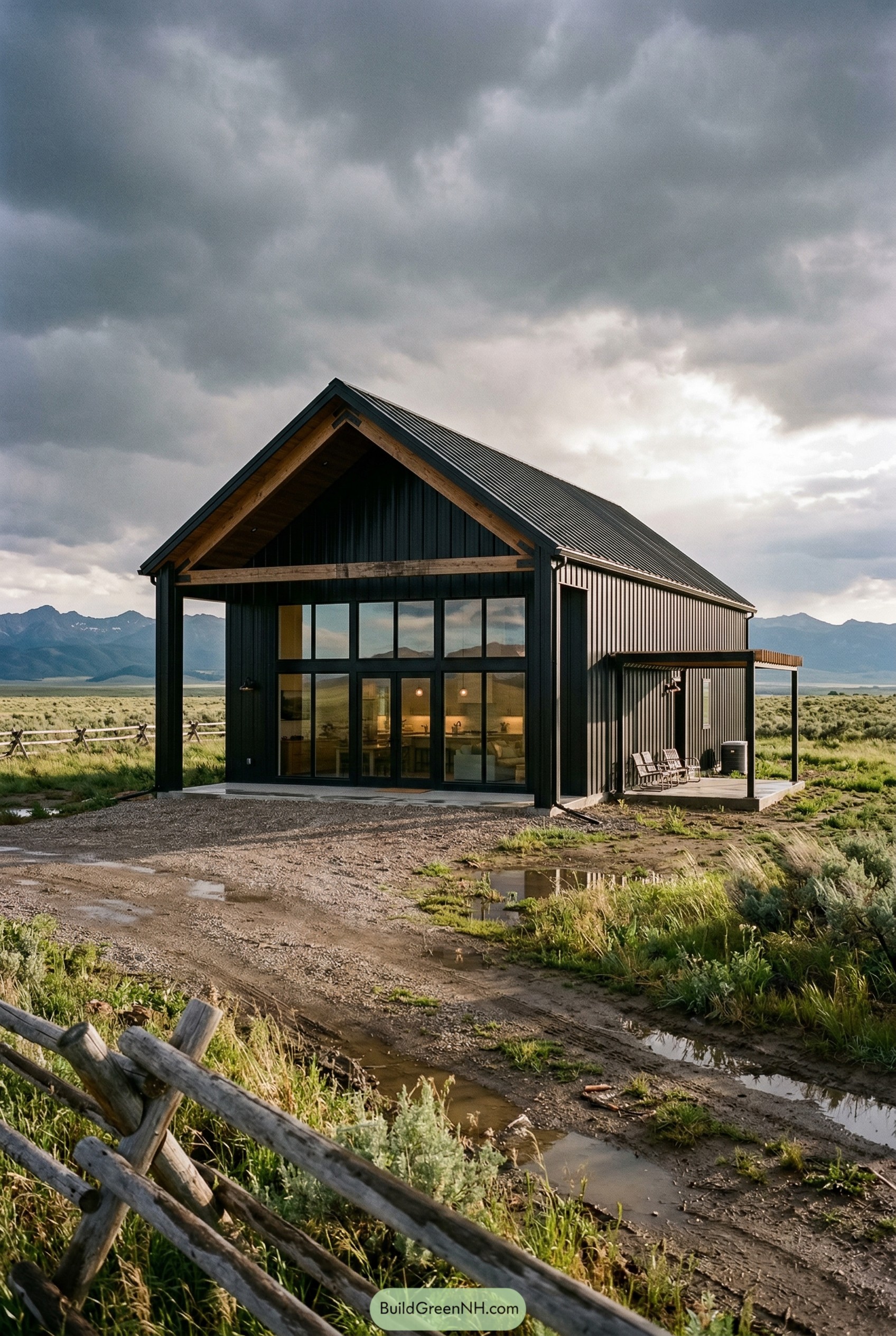 Black barn home with glass gable wall