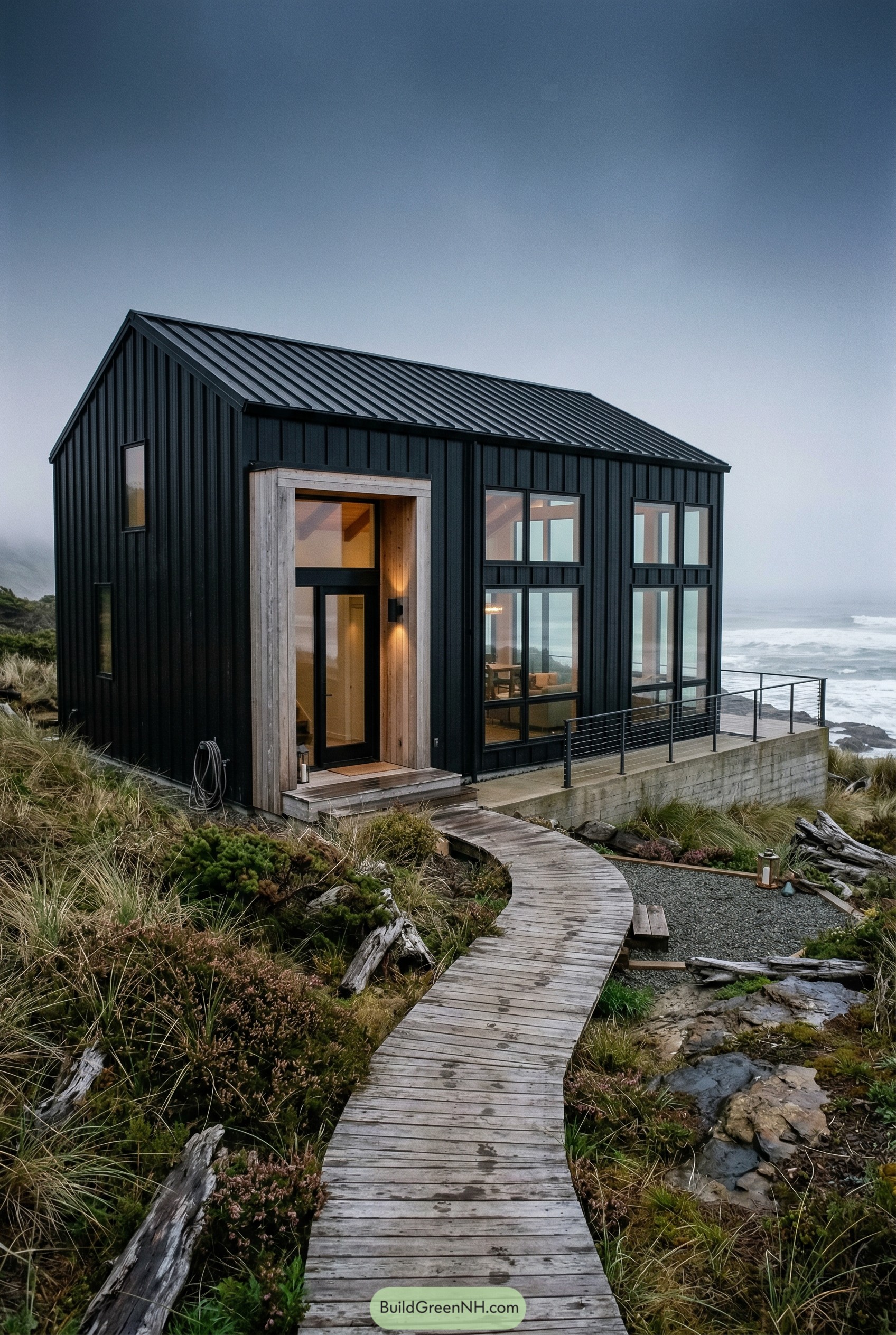 Black gabled barndominium on a rocky coast