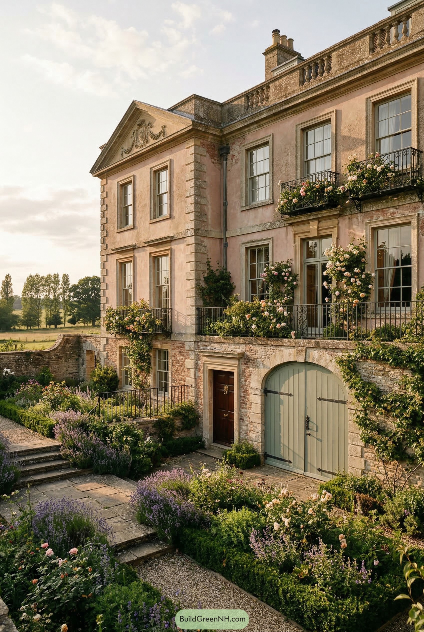 Blush manor with rose covered terraces