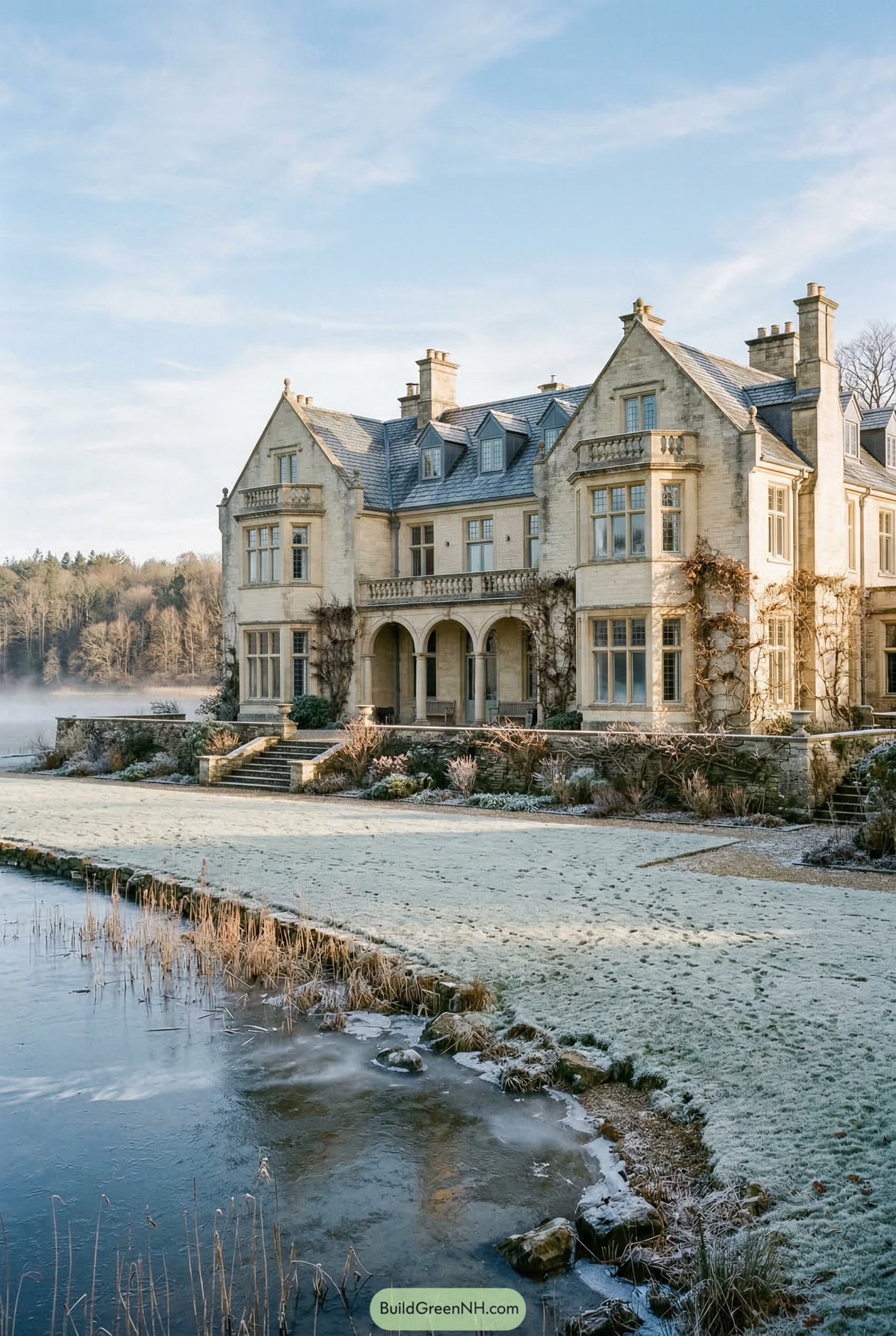 Pale stone manor by a frosty pond