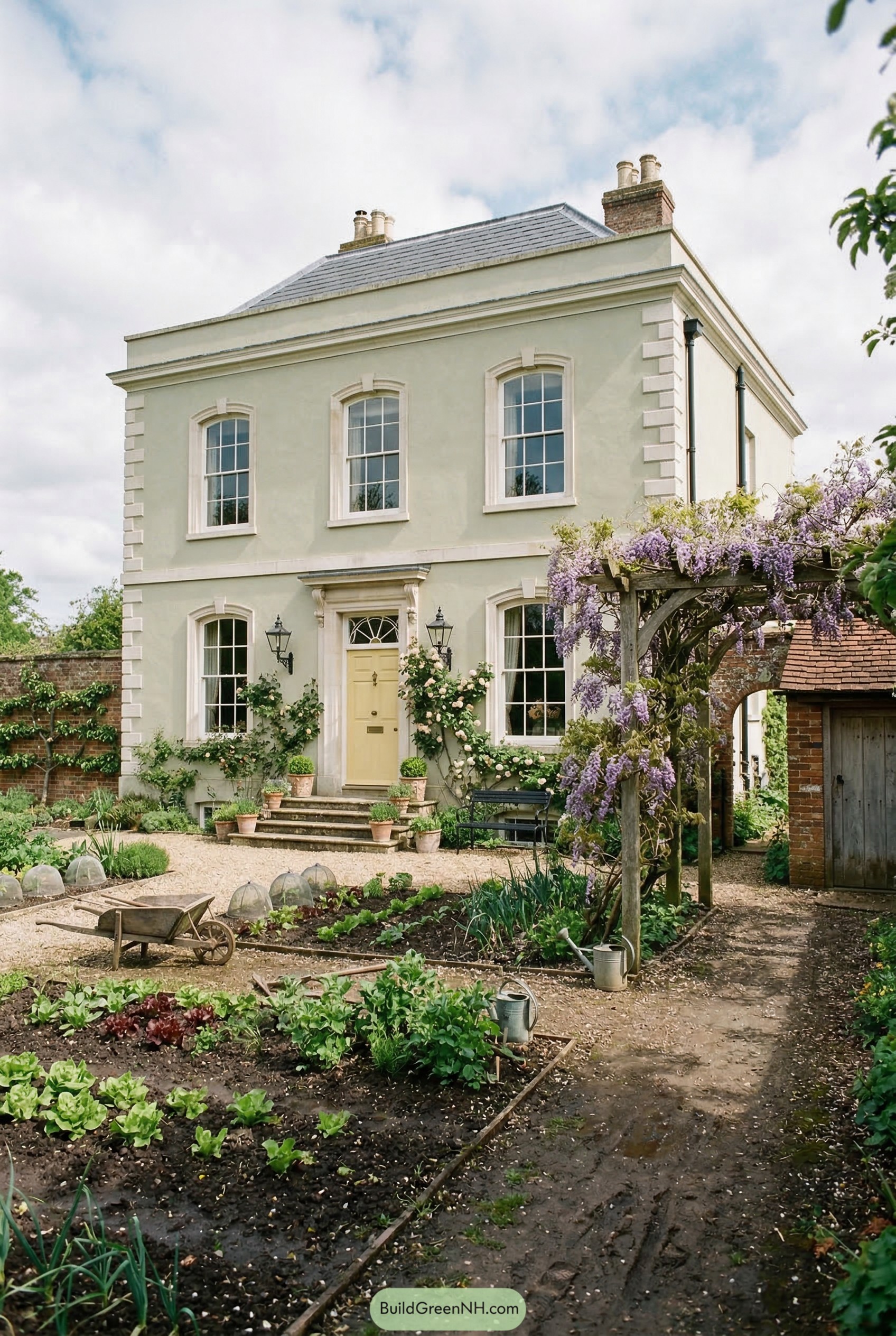 Pale Georgian house with wisteria garden