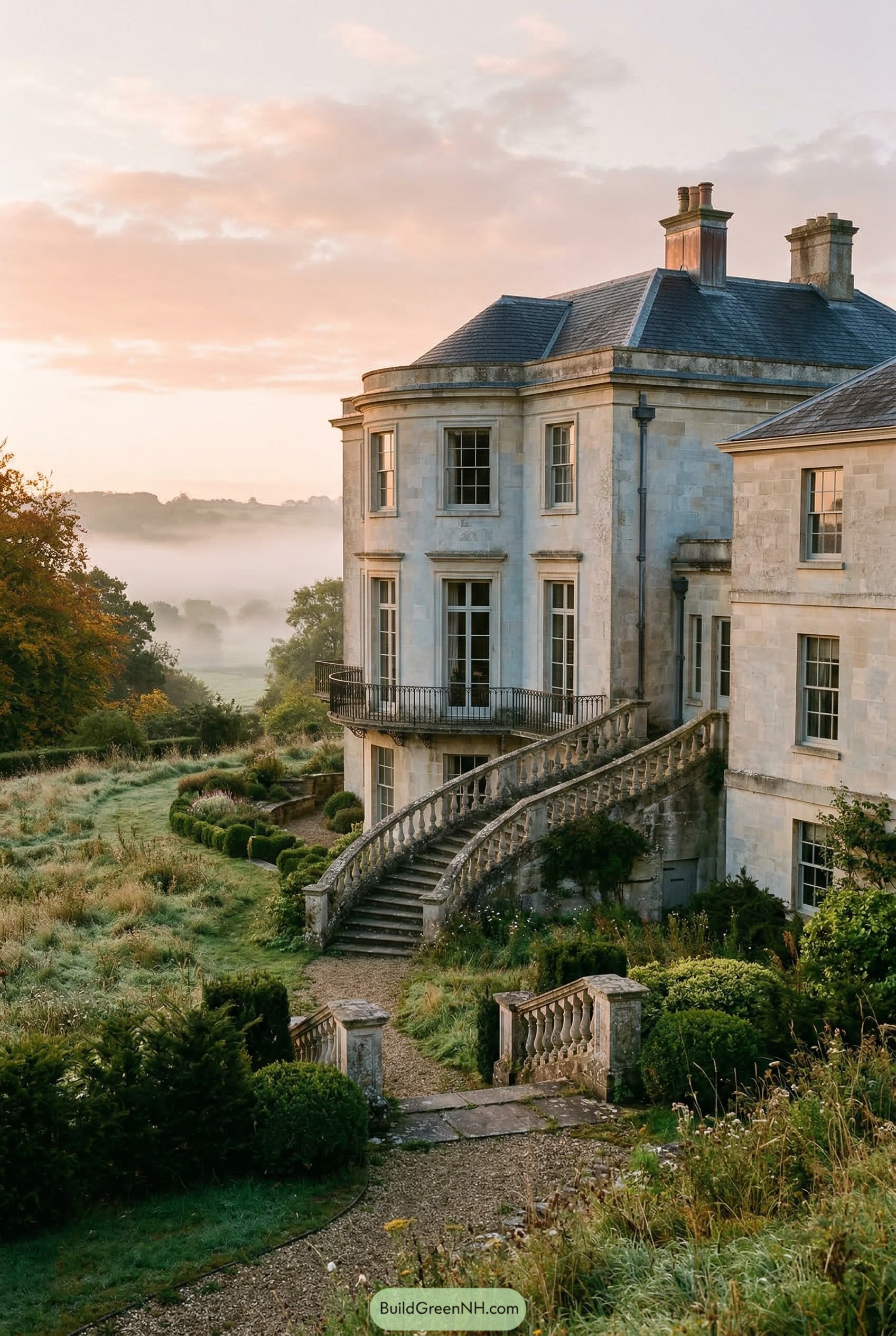 Regency stone manor with curved stairway and balcony
