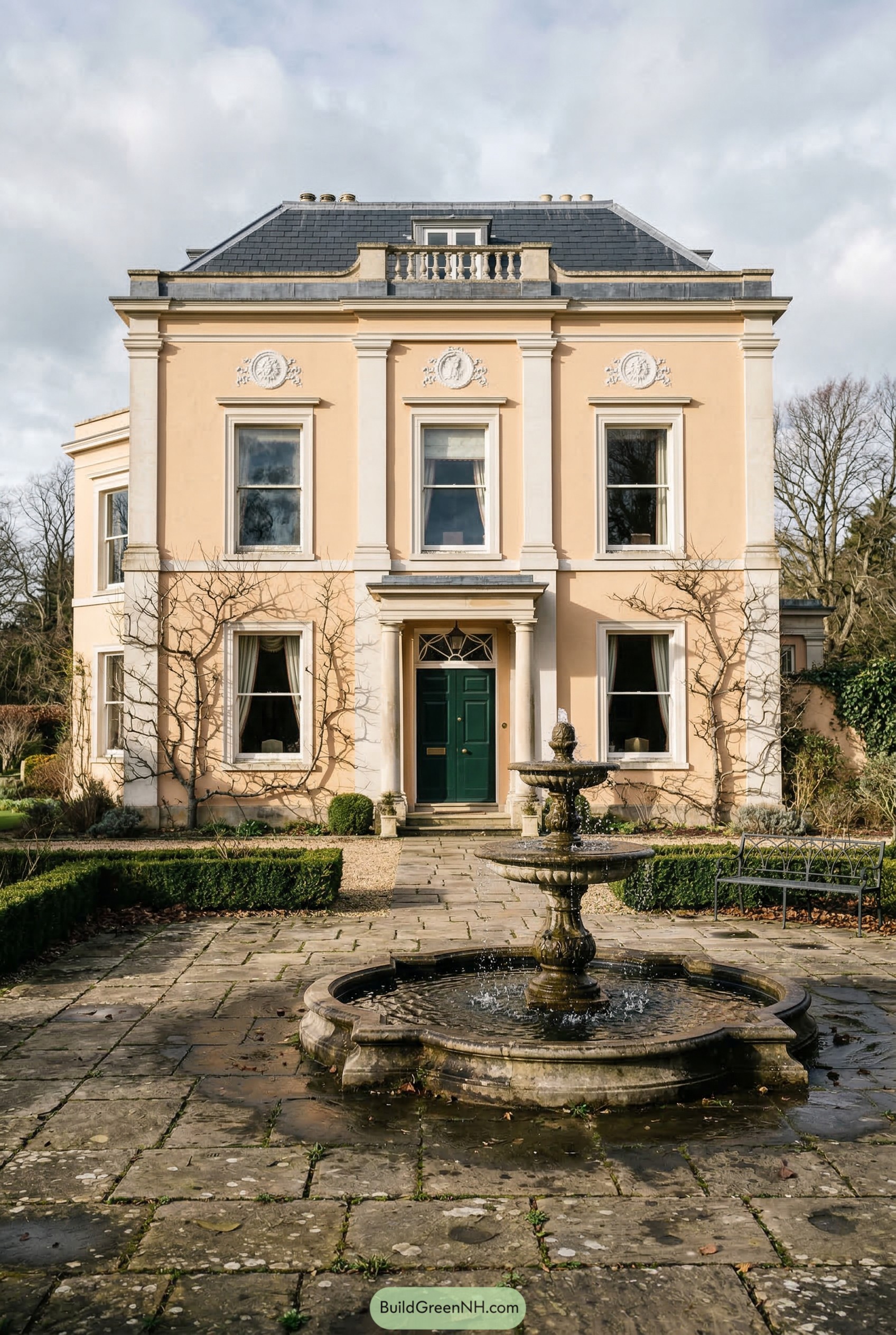 Peach neoclassical house with front fountain