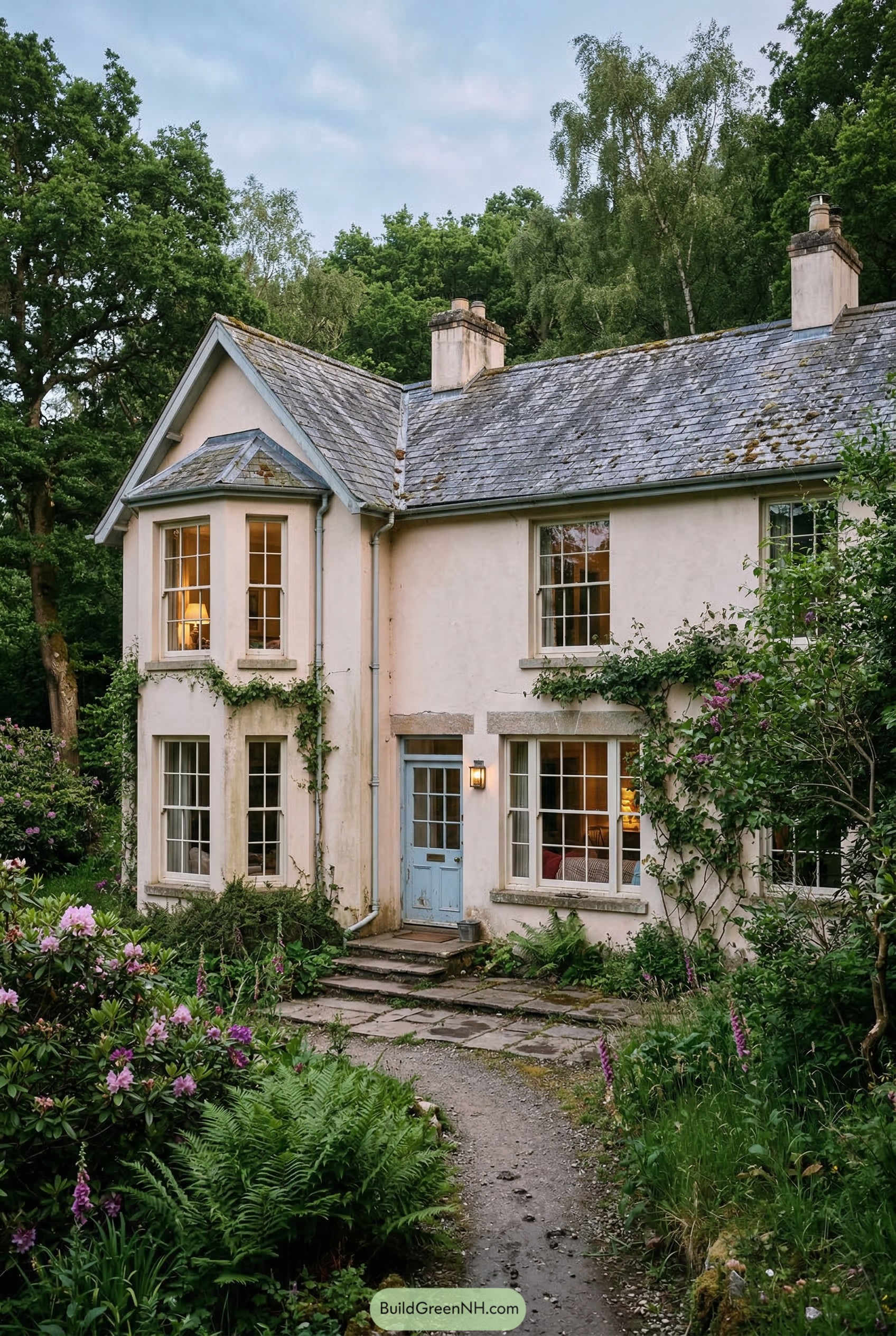 Cream ivy clad cottage with a blue door
