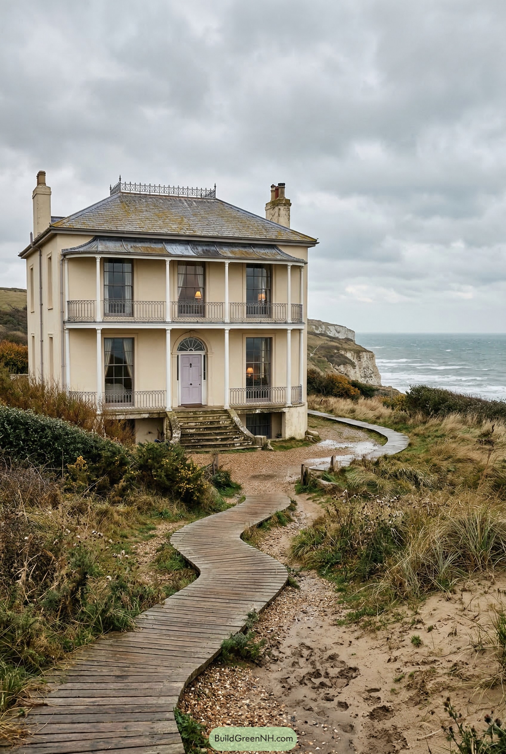 Cream seaside villa with iron balconies on a cliff